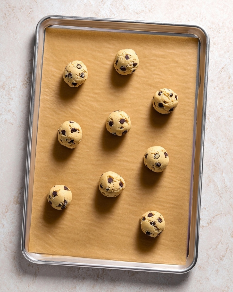 Nine round balls of cookie dough are placed on a baking tray lined with brown parchment paper. The dough is light beige with visible dark chocolate chips and small green pieces scattered inside. The balls are spaced apart on the tray, which has a silver metal frame. The tray is set on a white marbled surface. photo taken with an iphone --ar 4:5 --v 7