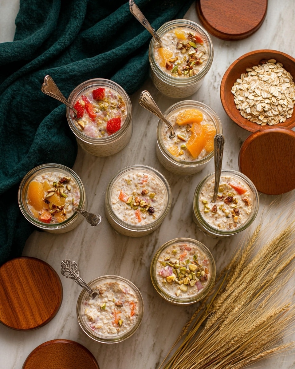 The image shows eight glass jars filled with mixed overnight oats, each with a creamy base layered with different colorful toppings like red strawberries, orange apricots, green pistachios, and light brown nuts, creating a textured and varied look in every jar. Two of the jars have silver spoons inside, resting among the oats, while one silver spoon is held by a woman's hand dipping into the top left jar. The jars are placed on a white marbled surface with wooden lids scattered around and a dark green cloth draped nearby. To the right, a wooden bowl filled with dry oats and some beige dried wheat stalks add natural elements. photo taken with an iphone --ar 4:5 --v 7