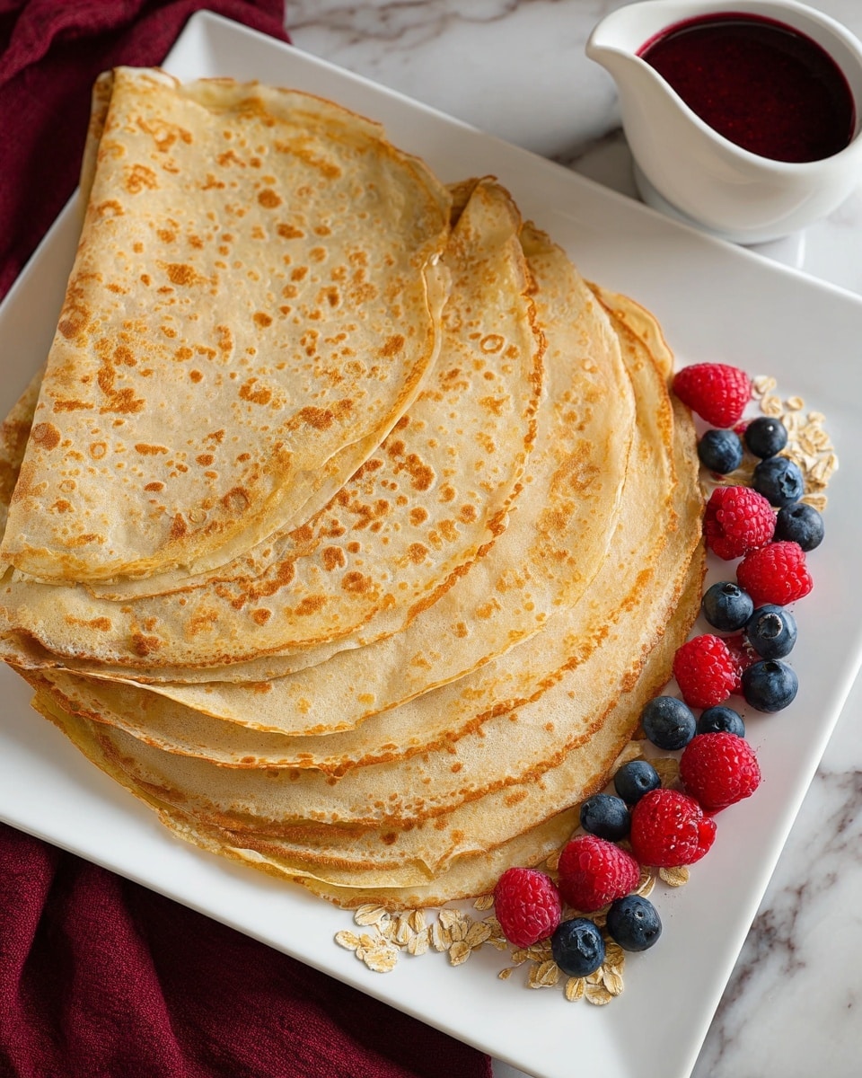 A stack of six thin crepes with golden brown spots is placed in a white square plate, slightly overlapping each other from bottom to top. On the right side of the plate, fresh blueberries and raspberries are scattered in a neat line, mixed with some oat flakes. At the top right corner, a small white sauce pitcher holds a deep red berry sauce, slightly dripping down the spout. The plate sits on a white marbled surface with a dark red cloth folded on the left side. Photo taken with an iphone --ar 4:5 --v 7
