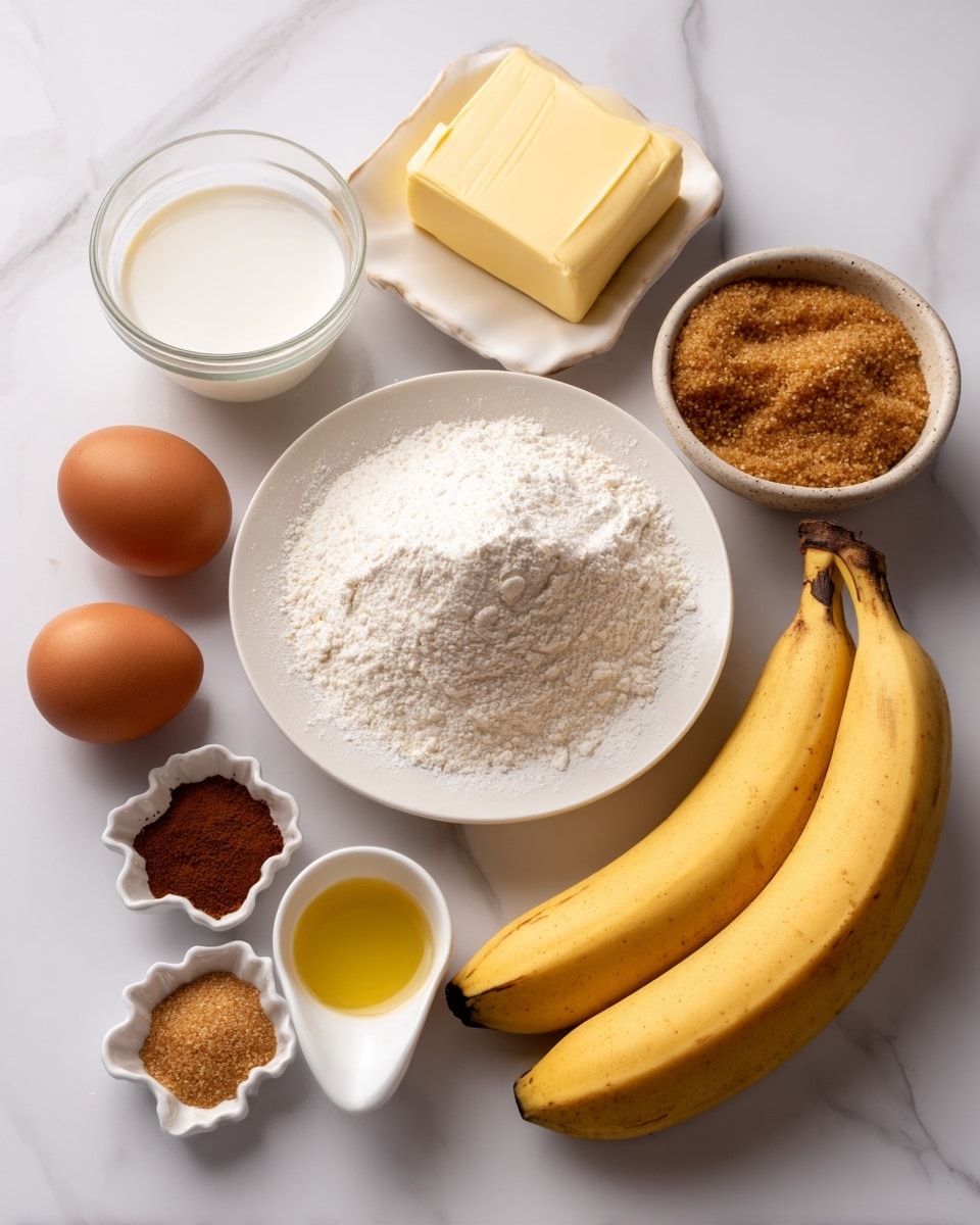 A white round plate holds a pile of white flour mixed with small amounts of baking soda and salt scattered on top. To the right, a small ceramic bowl is full of golden brown sugar with a grainy texture. Below, a block of yellow wrapped butter lies next to a small white scalloped dish filled with amber vanilla liquid. Two brown eggs sit side by side on the table, near a clear cup filled with white sour cream. A glass bowl of light yellow oil is placed nearby, next to two ripe yellow bananas with dark spots on the skin. In front of the bananas is another small white scalloped dish containing a small pile of brown sugar powder. All items are set on a white marbled texture surface. photo taken with an iphone --ar 4:5 --v 7
