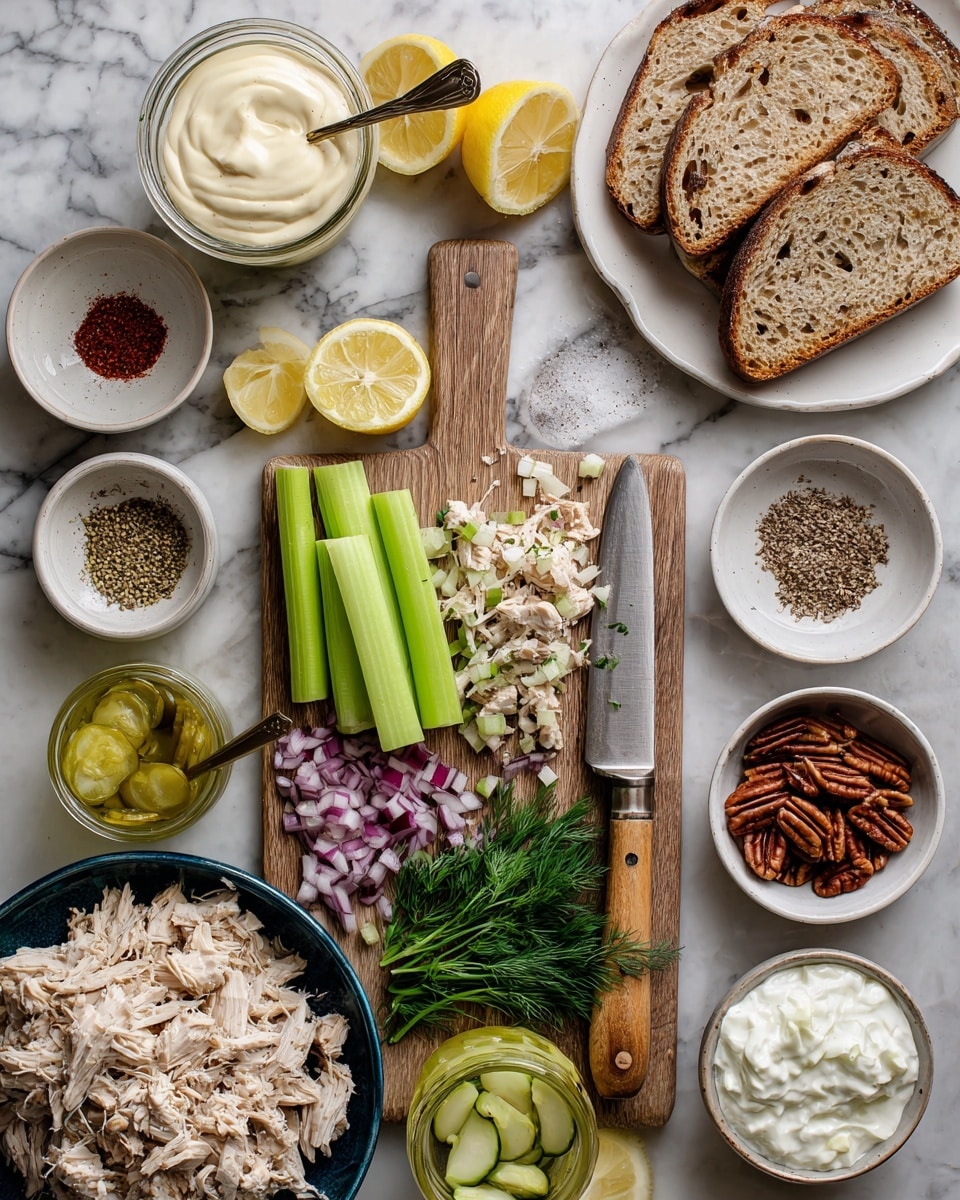 A wooden cutting board is at the center, holding a knife with a light wooden handle surrounded by chopped red onion and celery pieces, with whole celery sticks and fresh dill nearby. To the top left is a small glass bowl filled with creamy white mayonnaise and a spoon inside. Around the board are small white bowls filled with paprika powder, celery seed, salt and pepper mix, and pecans. A large white plate on the top right holds four slices of toasted bread with brown crusts. Two lemon halves sit near the board along with a small glass jar of pickle juice and a small white bowl with thick Greek yogurt. At the bottom left, there is a large blue bowl filled with light beige shredded chicken chunks. Everything is placed on a white marbled surface. Photo taken with an iphone --ar 4:5 --v 7