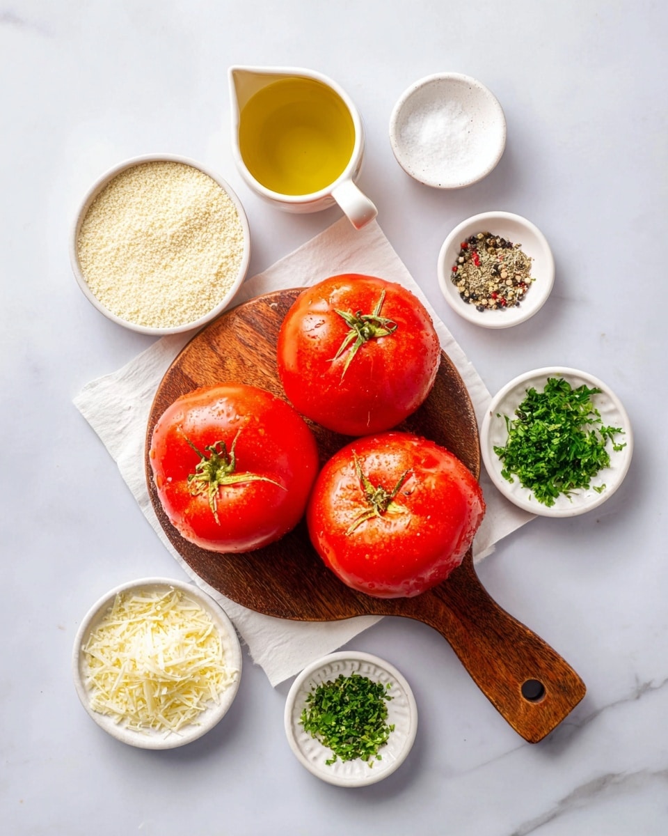 The image shows three bright red tomatoes with smooth and shiny skin placed on a wooden cutting board with a handle, set on a white marbled surface. Surrounding the board are small white bowls containing light beige breadcrumbs, finely grated yellow cheese, chopped white onions, black pepper, salt, dried green herbs, and fresh chopped green parsley. There is also a small white pitcher filled with yellow olive oil. Everything is neatly arranged and well-lit, creating a clean and fresh look photo taken with an iphone --ar 4:5 --v 7