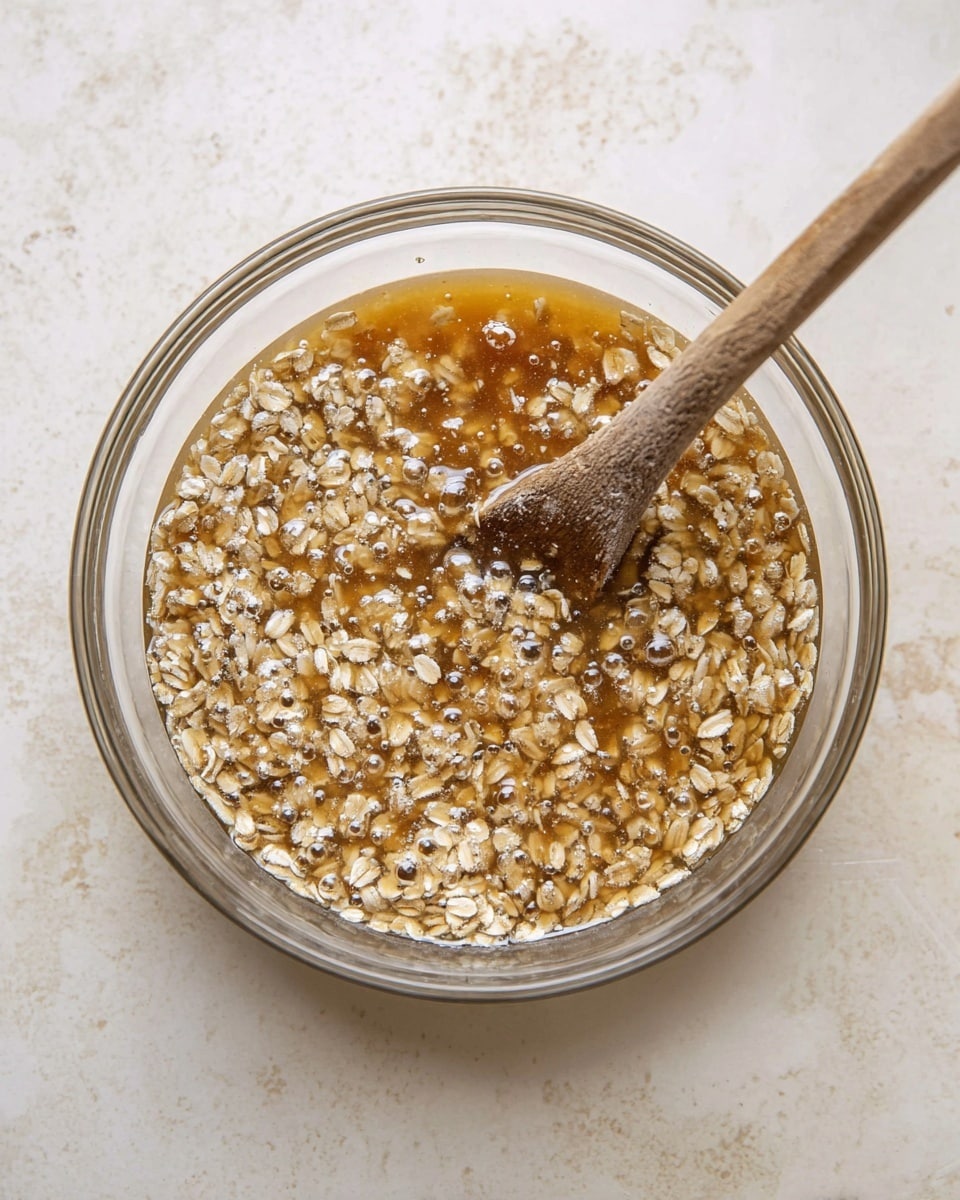 A clear glass bowl filled with a mixture of shiny, light brown syrup and pale, raw rolled oats spread evenly throughout the bowl, creating a textured surface with small bubbles visible in the syrup. A wooden spoon with a rough texture is partially submerged in the mix, resting diagonally from the bottom left toward the center. The bowl is placed on a white marbled textured surface, adding a subtle elegant background. photo taken with an iphone --ar 4:5 --v 7