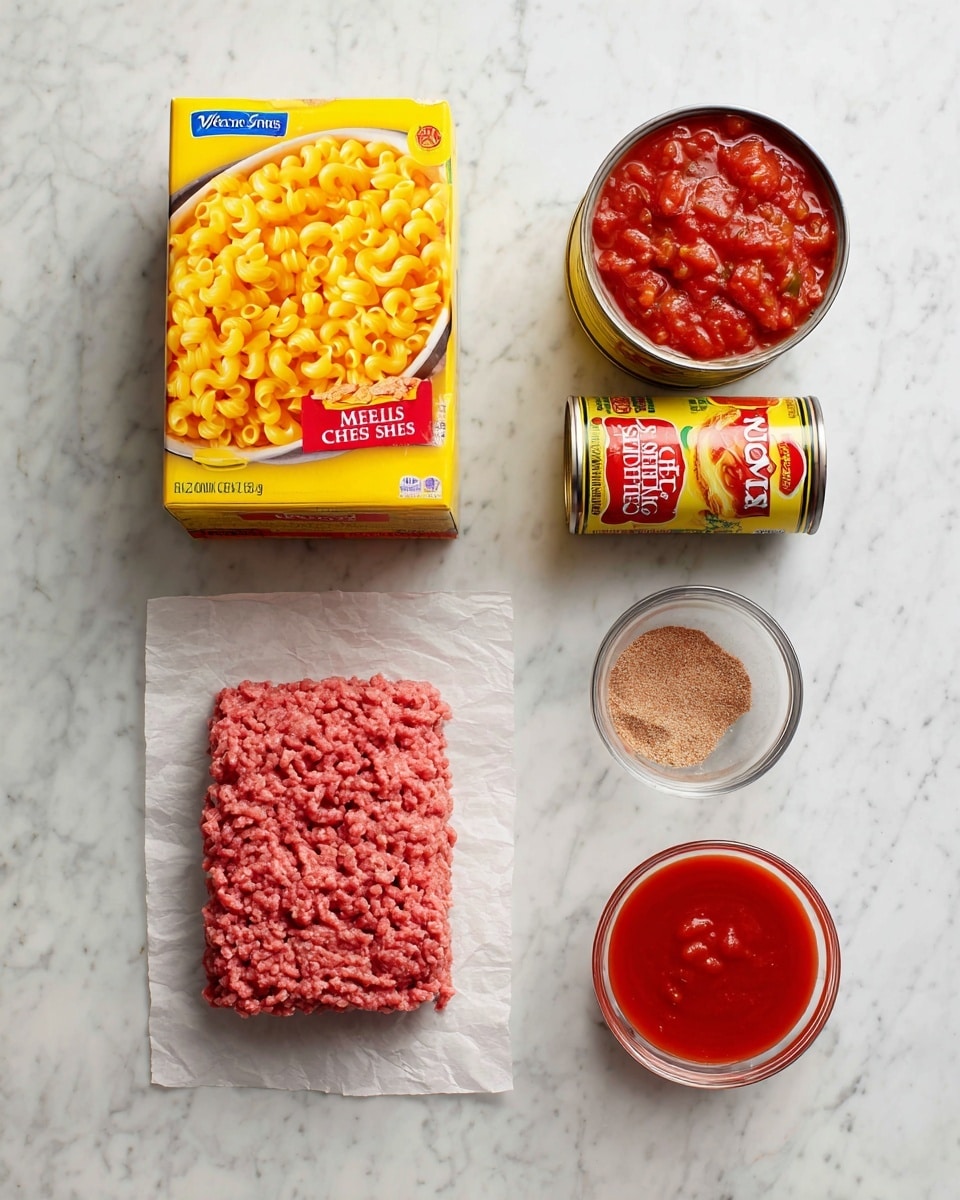 The image shows ingredients for a meal arranged neatly on a white marbled surface. At the top left is a large yellow box of Velveeta Shells & Cheese mix with red and blue details. To the right, there are two cans of Rotel diced tomatoes and green chilies, one can open showing the chunky red tomato mixture inside. Below the cans, a small clear glass bowl holds light brown taco seasoning powder. To the left of that bowl is another small clear glass bowl filled with smooth red tomato sauce. Finally, at the bottom center of the image is a rectangular block of raw ground beef placed on white parchment paper. All elements are spaced out evenly, with the labels for each ingredient written in black text. photo taken with an iphone --ar 4:5 --v 7