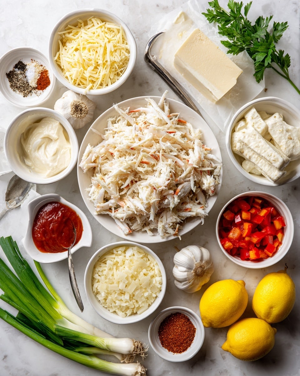 The image shows several white bowls and dishes arranged on a white marbled surface, each holding different ingredients. In the center is a large white bowl filled with light, shredded fresh crab meat. Surrounding it are smaller white bowls with pale yellow shredded mozzarella cheese, a block of cream cheese with a silver spoon, and a bowl of smooth white mayonnaise. There is a small white bowl of bright red Louisiana hot sauce, a small pile of reddish-brown Cajun seasoning, and a white dish with finely grated pale yellow parmesan cheese next to a cheese grater and chunk of parmesan. Additional ingredients include a small white bowl of diced red bell pepper, a few whole garlic cloves and bulbs, fresh green onions with white bulbs, and halved and whole bright yellow lemons. A bunch of fresh parsley adds green color near the mayonnaise. All items are neatly placed on the textured white marble surface. Photo taken with an iphone --ar 4:5 --v 7