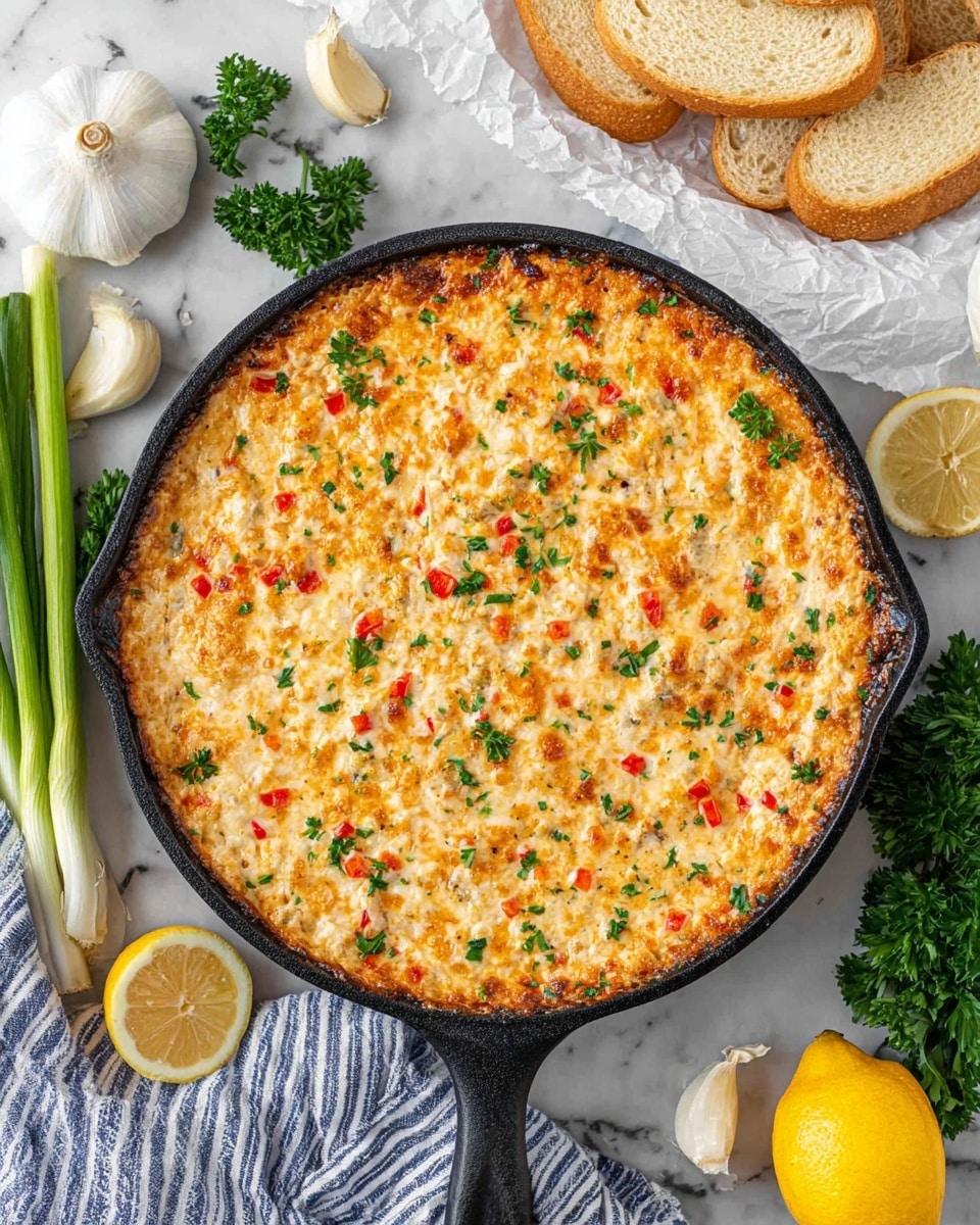 A round skillet filled with a baked cheese dip that has a golden-brown bubbly top layer, dotted with small pieces of red and green peppers and green parsley leaves scattered over the top. The dip's color is mainly creamy white and light orange with a slightly browned texture on the surface. Around the skillet, there are whole garlic cloves, green onions, a lemon, a striped blue and white cloth, and fresh parsley sprigs, all placed on a white marbled surface. In the upper left corner, there are several slices of light brown bread resting on crumpled white paper. Photo taken with an iphone --ar 4:5 --v 7