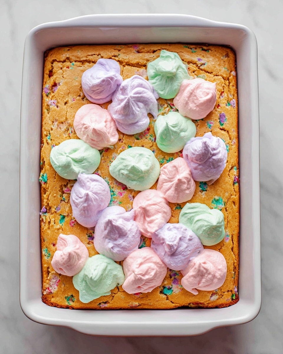 A rectangular white baking dish holds a thick, golden-brown baked cake layer with a slightly rough texture and colorful sprinkles embedded inside. On top, there are several dollops of smooth, fluffy frosting in pastel colors—light pink, mint green, and soft lavender—spread unevenly across the surface, adding pops of delicate color over the warm cake base. The dish sits on a white marbled surface. photo taken with an iphone --ar 4:5 --v 7