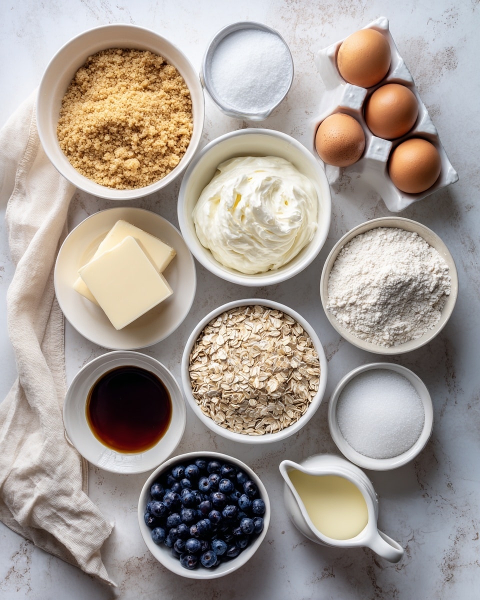 A top-down view of various baking ingredients arranged neatly on a white marbled surface. In the top left, there is a white bowl filled with light golden graham cracker crumbs. To its right, four brown eggs rest in a white egg holder beside a cream cloth. Below the eggs, a white bowl contains thick white cream cheese, and next to it, a small white bowl holds dark amber vanilla extract. Below the cream cheese, another white bowl is filled with small, round, dark blue blueberries. Next to the blueberries, a white bowl with light beige rolled oats is placed, accompanied by a stick of pale cream unsalted butter. Below the oats and butter, a white bowl of fine white granulated sugar appears near the left edge. To the left of the rolled oats, a smaller white bowl of all-purpose flour is visible. At the bottom, a white bowl contains light brown sugar, and nearby is a small white pitcher of heavy whipping cream and a small white bowl of pale yellow lemon juice. All ingredients are well spaced and labeled with a soft brown font across the image. Photo taken with an iphone --ar 4:5 --v 7