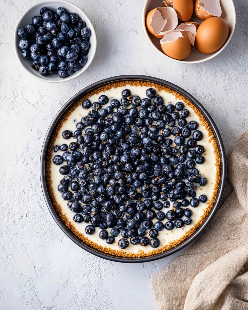 A round black pan holds a dessert with two layers: the bottom is a light brown crumbly crust, and the top is a thick creamy white layer covered with many fresh dark blue blueberries spread evenly. On the upper left, there is a small white bowl filled with fresh dark blue blueberries. On the upper right, a white bowl holds four broken brown eggshells, placed on a soft light beige cloth. All items rest on a white marbled textured surface. Photo taken with an iphone --ar 4:5 --v 7