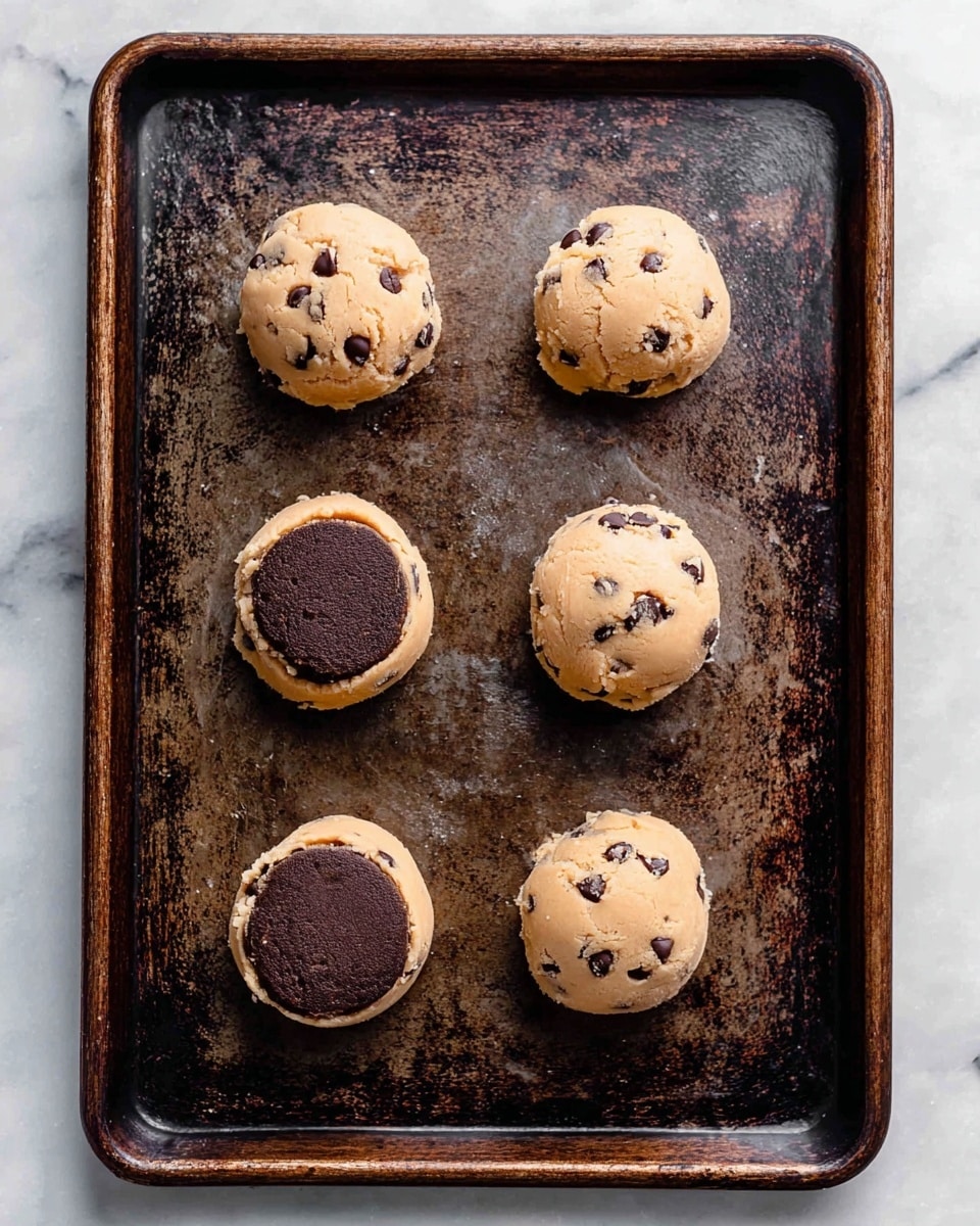 The image shows six dollops of light tan cookie dough with visible dark chocolate chips scattered inside. Five dough dollops are fully rounded, while one near the bottom left is topped with a thick, round dark brown layer that looks like a soft cookie. These dough pieces are evenly spaced in two columns on a worn, dark metal baking tray, which sits on a white marbled surface. The tray has a rustic, scratched look with dark brown and black marks across it. photo taken with an iphone --ar 4:5 --v 7