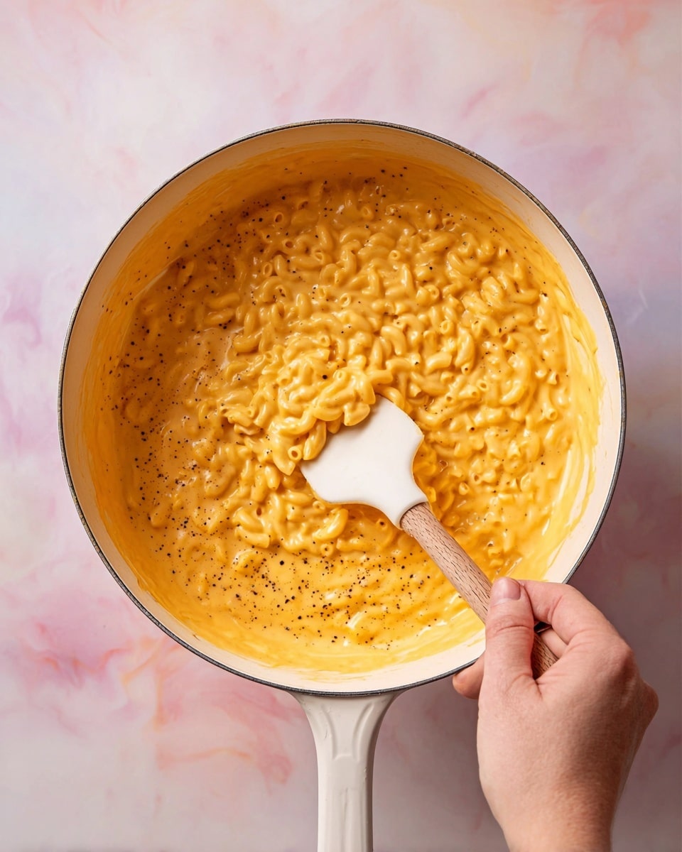 A white pot filled with creamy macaroni pasta coated in a thick orange cheese sauce, with visible black pepper specks. A woman's hand holding a white spatula with a wooden handle is stirring the macaroni, which forms a dense, swirled layer across the bottom and sides of the pot. The background is a soft pink and white marbled texture. Photo taken with an iphone --ar 4:5 --v 7