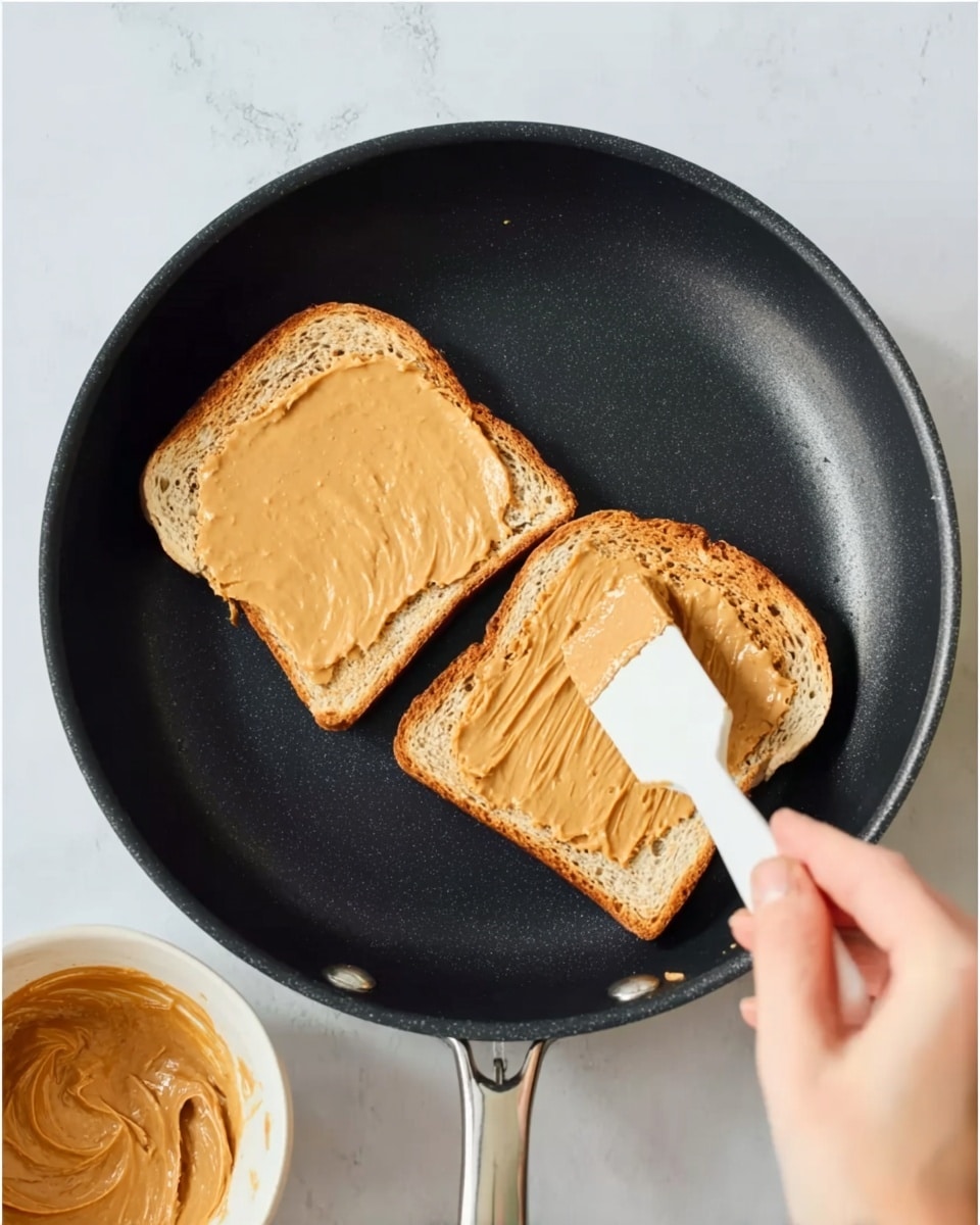 The image shows a black frying pan with two light brown toast slices inside, each spread with a smooth layer of peanut butter. A woman's hand holds a white spatula spreading peanut butter on the right slice. Below the pan, there is a white bowl with more peanut butter visible inside. The background is a white marbled texture. Photo taken with an iphone --ar 4:5 --v 7