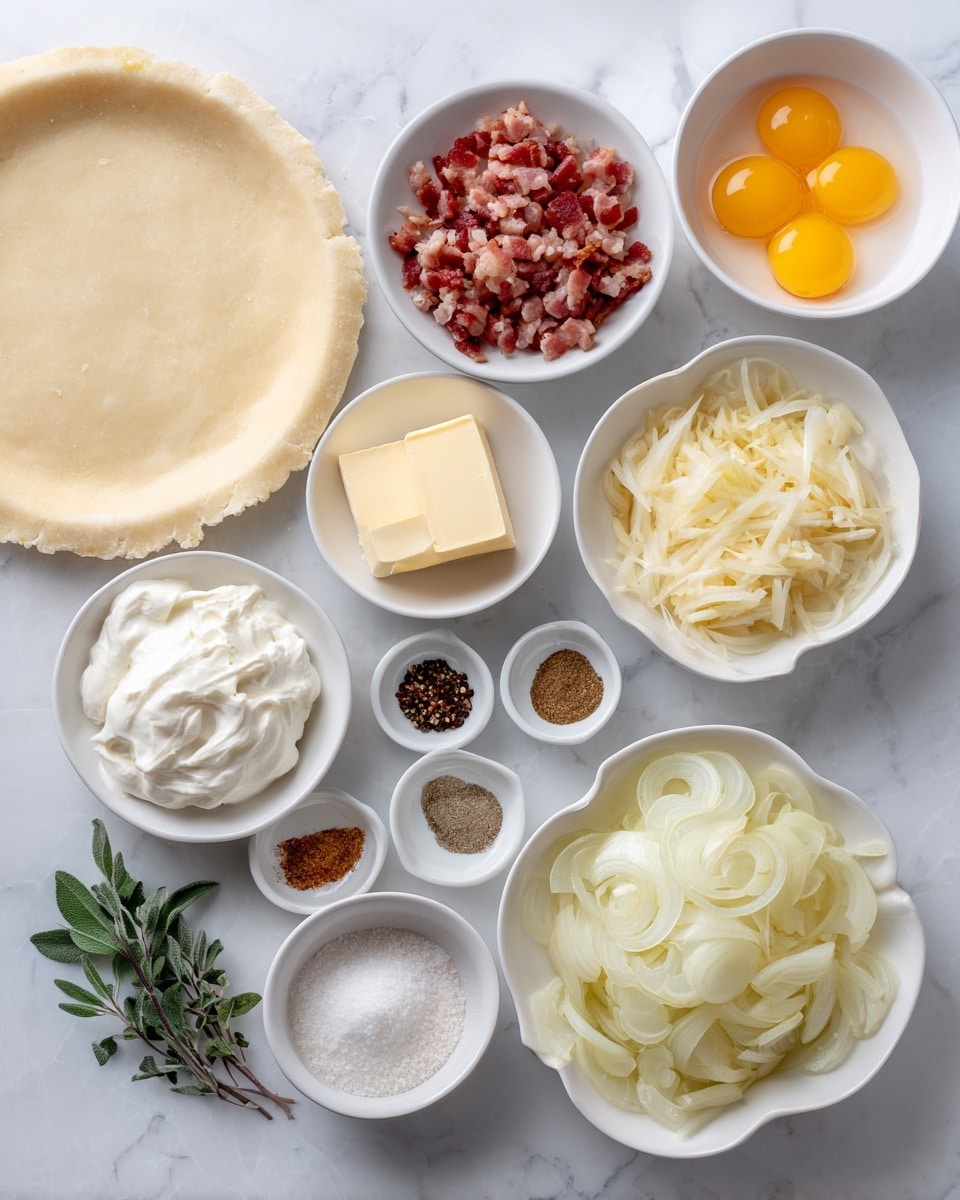 The image shows multiple ingredients arranged neatly on a white marbled surface. On the left, there is a rolled-out pie crust with a smooth, light beige color. Next to it are small white bowls holding white sour cream with a creamy texture, pinkish-red chopped bacon pieces, and bright yellow eggs with intact yolks in a white bowl. There is a small white dish with a pale yellow square of butter and a large white bowl filled with thinly sliced translucent yellow onions. Several small white dishes contain fine white salt, brownish nutmeg, black pepper, and green fresh sage and thyme leaves. Each ingredient is labeled in simple black text above or beside it. Photo taken with an iphone --ar 4:5 --v 7
