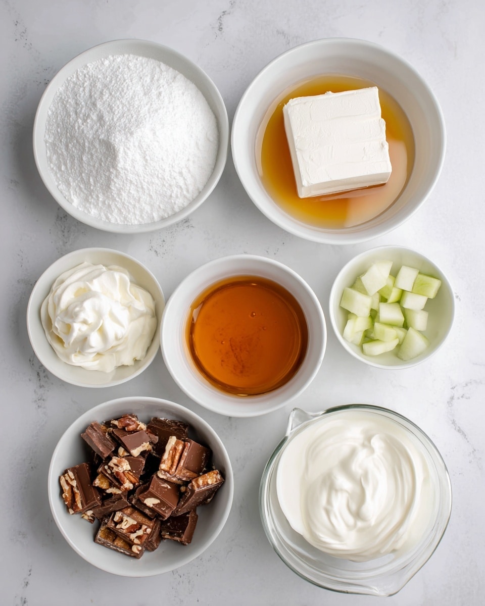 The image shows six white bowls and one clear glass container on a white marbled surface. Starting from the top left, there is a white bowl filled with white powdered sugar, next to it on the right is a smaller white bowl with golden brown liquid syrup. Below the powdered sugar is a white bowl filled with a larger quantity of amber-colored syrup. To the right of that is a white bowl with a square piece of white cream cheese inside. Below the amber syrup bowl is a white bowl filled with chopped pieces of chocolate-covered candy bars, showing visible nuts inside. To the right is a white bowl with small pieces of chopped green apple with white flesh. At the bottom left is a white bowl filled with a large swirl of white whipped cream. Finally, at the bottom right, there is a clear glass container with white milk inside. Everything is placed neatly on the white marbled surface. photo taken with an iphone --ar 4:5 --v 7