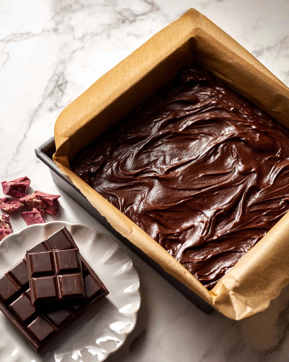 A square baking pan lined with light brown parchment paper holds a smooth, thick layer of rich, glossy dark chocolate batter with swirled textures creating gentle waves across the surface. Next to the pan, on a white scalloped edge plate, there are three dark chocolate bars and some chocolate broken pieces. The entire scene is set on a white marbled surface with soft shadows and natural light highlighting the shiny texture of the chocolate batter and bars photo taken with an iphone --ar 4:5 --v 7