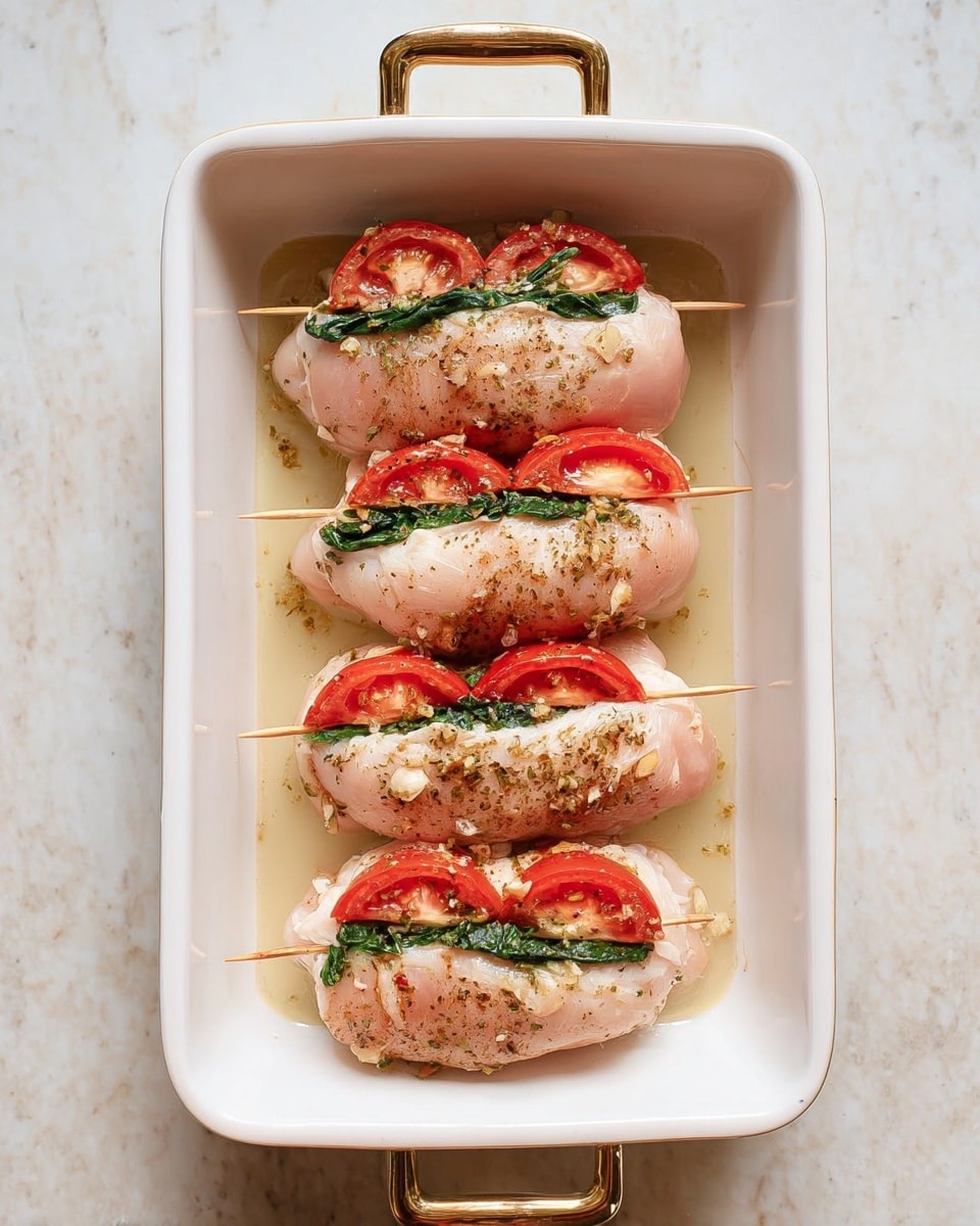 A white baking dish with gold handles holds four stuffed raw chicken pieces, each secured with two toothpicks. Each piece has three visible layers: the outer pinkish chicken layer, a middle layer of green leafy herbs, and a stack of bright red tomato slices. The chicken is lightly seasoned with small bits of garlic and herbs, and the dish rests on a white marbled surface. photo taken with an iphone --ar 4:5 --v 7