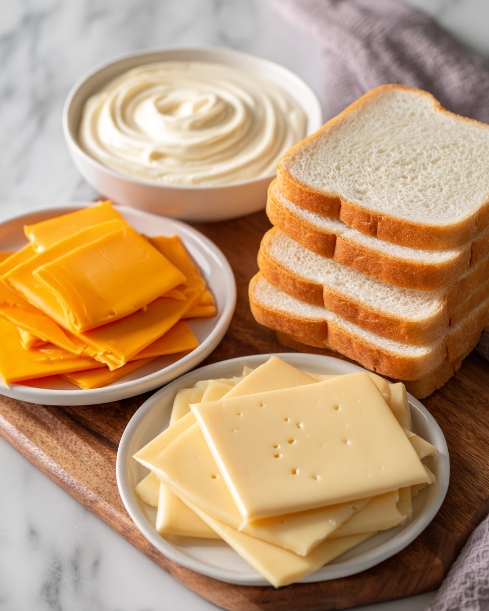 The image shows three stacks of sliced white bread with golden crusts arranged on a wooden board, placed on a white marbled surface. Nearby, a white bowl holds smooth, creamy mayonnaise with soft swirls on top. A white plate holds three types of sliced cheese: four pale yellow squares of gouda cheese on the left, four bright orange slices of cheddar cheese at the top right, and four pale yellow slices of havarti cheese with small holes arranged at the bottom right of the plate. Each cheese stack is neatly layered side by side, creating a clean and simple arrangement. Photo taken with an iphone --ar 4:5 --v 7