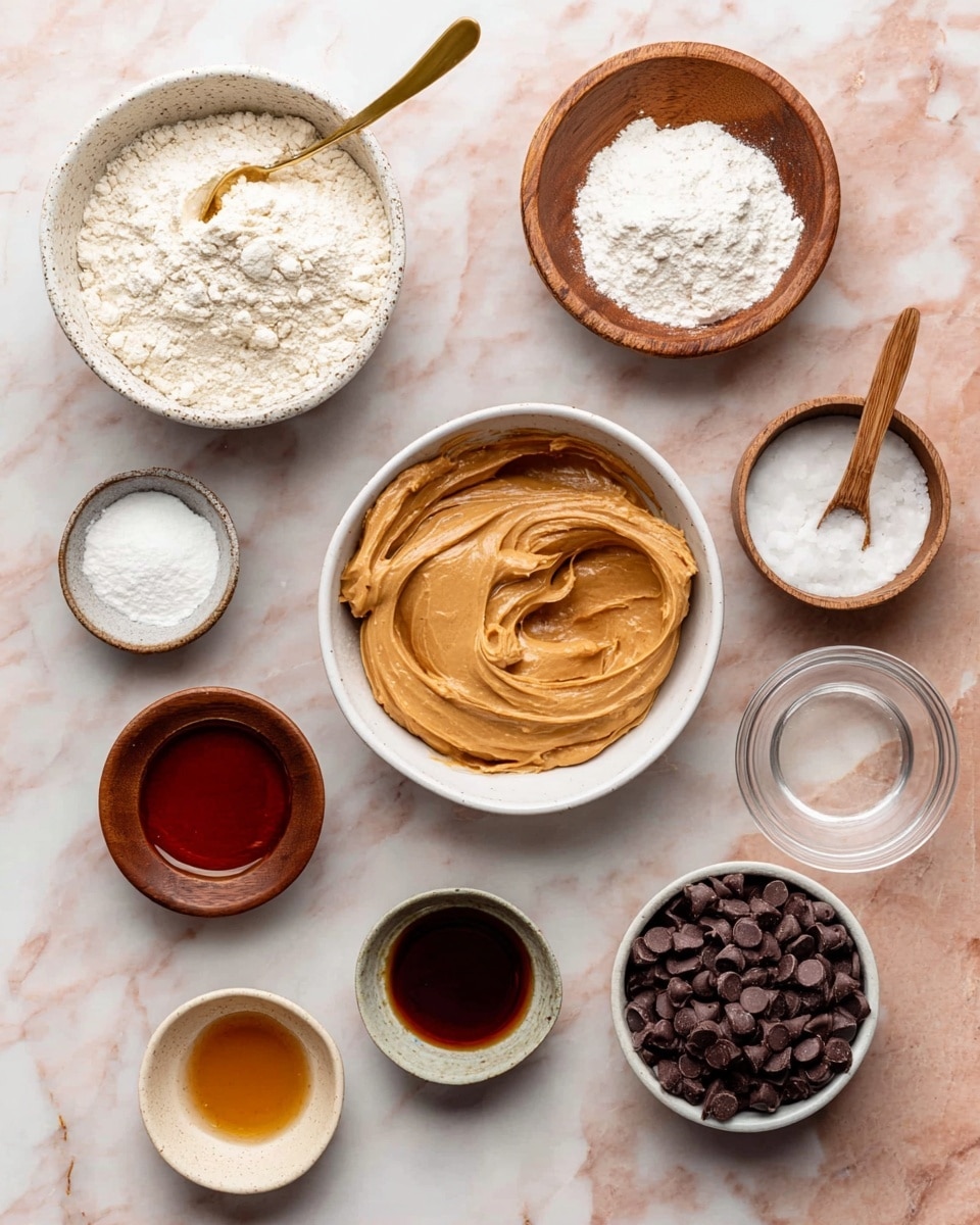 Several small white bowls and wooden bowls are arranged on a white marbled surface, each holding different baking ingredients. One white bowl in the center contains a smooth, creamy light brown peanut butter spread, with visible swirls on top. Near it, a wooden bowl holds light brown flour with a gold spoon resting inside. Another wooden bowl contains white powder, while a small white bowl beside it has a thick white substance with a wooden spoon in it. A small wooden bowl holds a dollop of solid white coconut oil, and a tiny clear glass bowl contains a dark brown liquid, possibly vanilla extract. Two more small white bowls hold a translucent pale liquid and a dark amber liquid, with a bowl of shiny dark chocolate chips near the top right. Everything is neatly placed in a visually pleasing layout. Photo taken with an iphone --ar 4:5 --v 7
