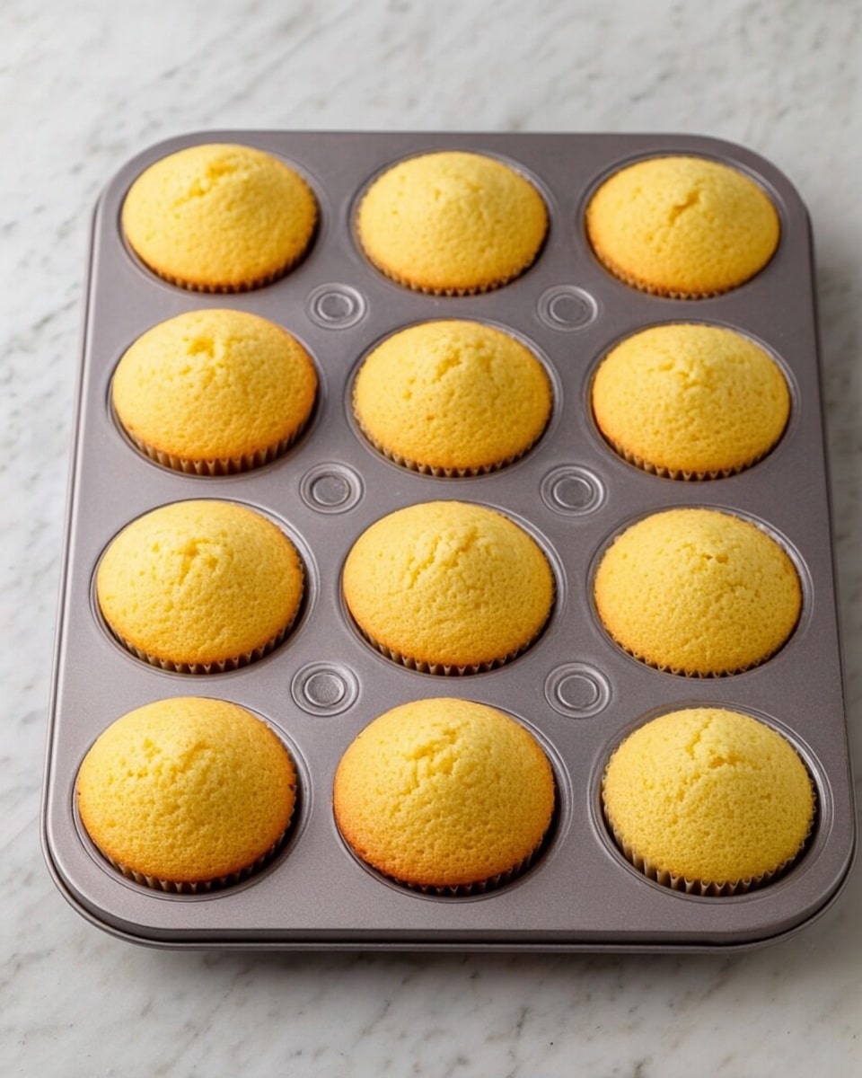 A metal muffin tray with twelve evenly baked golden-yellow cupcakes, each one domed with a light and fluffy texture, sits on a white marbled surface. The cupcakes have a slightly shiny top with a soft crumb that looks perfect for eating. The tray itself is silver-gray with visible circular cup holders holding each cupcake neatly in place. The background is smooth and clean without any distractions. photo taken with an iphone --ar 4:5 --v 7