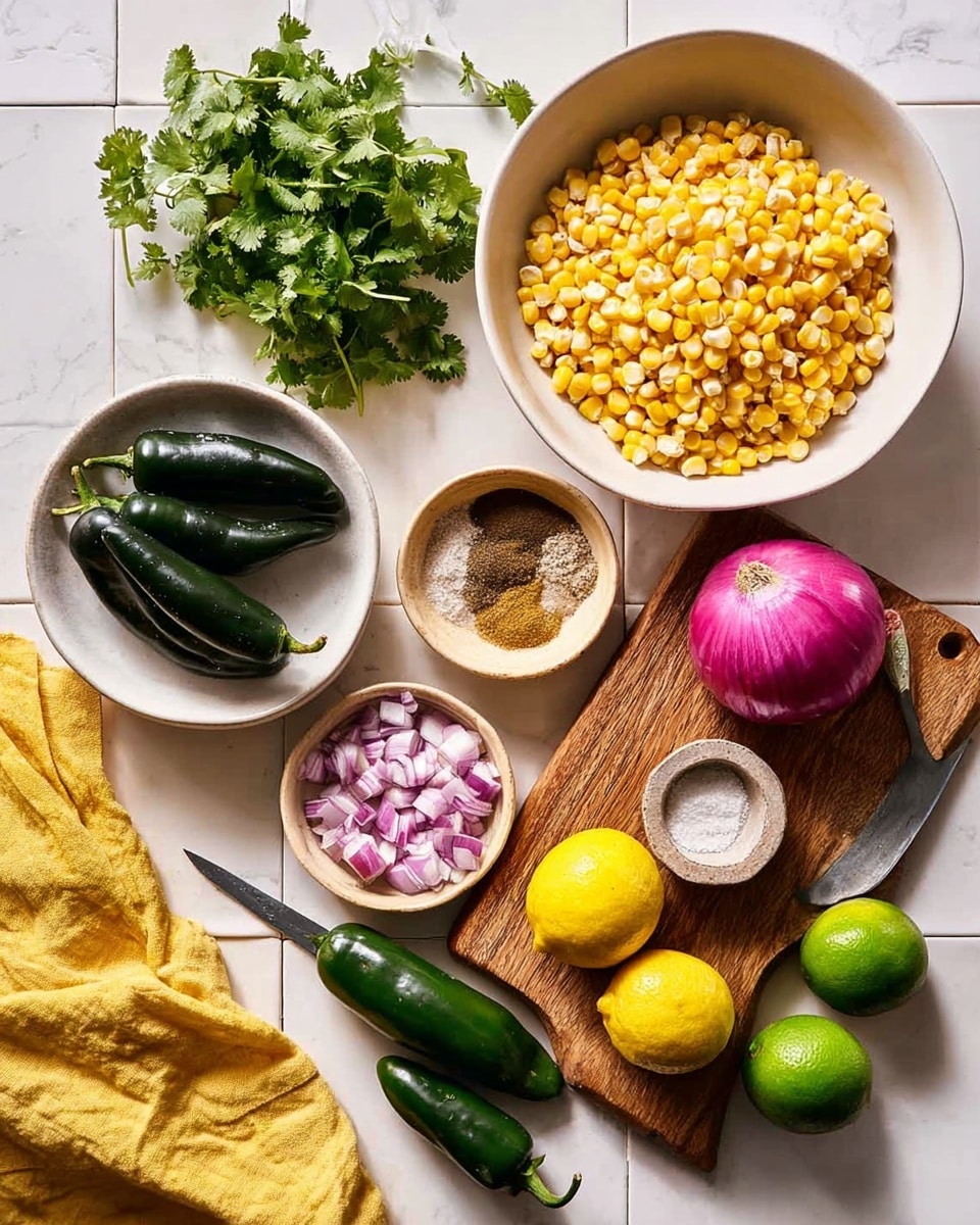 The image shows a top view of raw ingredients arranged on a white marbled surface, including a large white bowl filled with yellow corn kernels at the top center, and below it to the left, a white bowl holding two dark green poblano peppers. To the right of the corn bowl is a bunch of fresh green cilantro. In the middle is a wooden cutting board with a whole red onion, half a red onion, diced red onion pieces, and a small white bowl with brown spices. A small wooden bowl containing coarse salt is next to it, along with a knife on the board with a wooden handle. Below the cutting board is a small round bowl holding two green jalapeños. On the lower right are a whole lemon and lime placed on the surface. There is also a folded yellow cloth napkin on the bottom left corner. Photo taken with an iphone --ar 4:5 --v 7