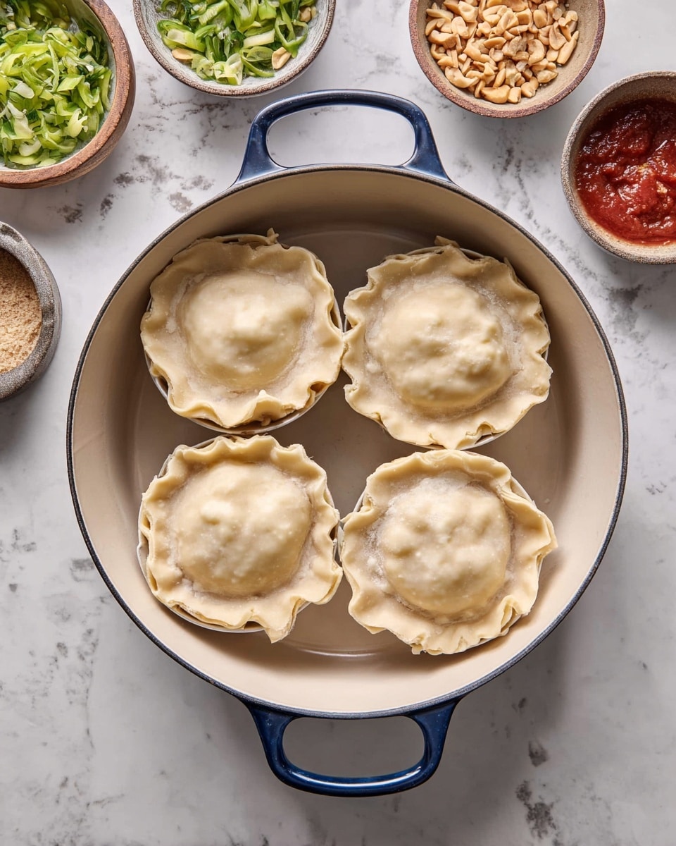 The image shows four small round dishes inside a large white pot with blue handles. Each small dish contains a pale, smooth dough layer that covers the top, with edges slightly folded irregularly and touching the sides. Under the dough, some hints of filling shape the surface unevenly. Around the pot, on a white marbled surface, are several small bowls holding green sliced vegetables, chopped nuts, red sauce, and some leafy greens, creating a colorful and fresh kitchen setting. Photo taken with an iphone --ar 4:5 --v 7
