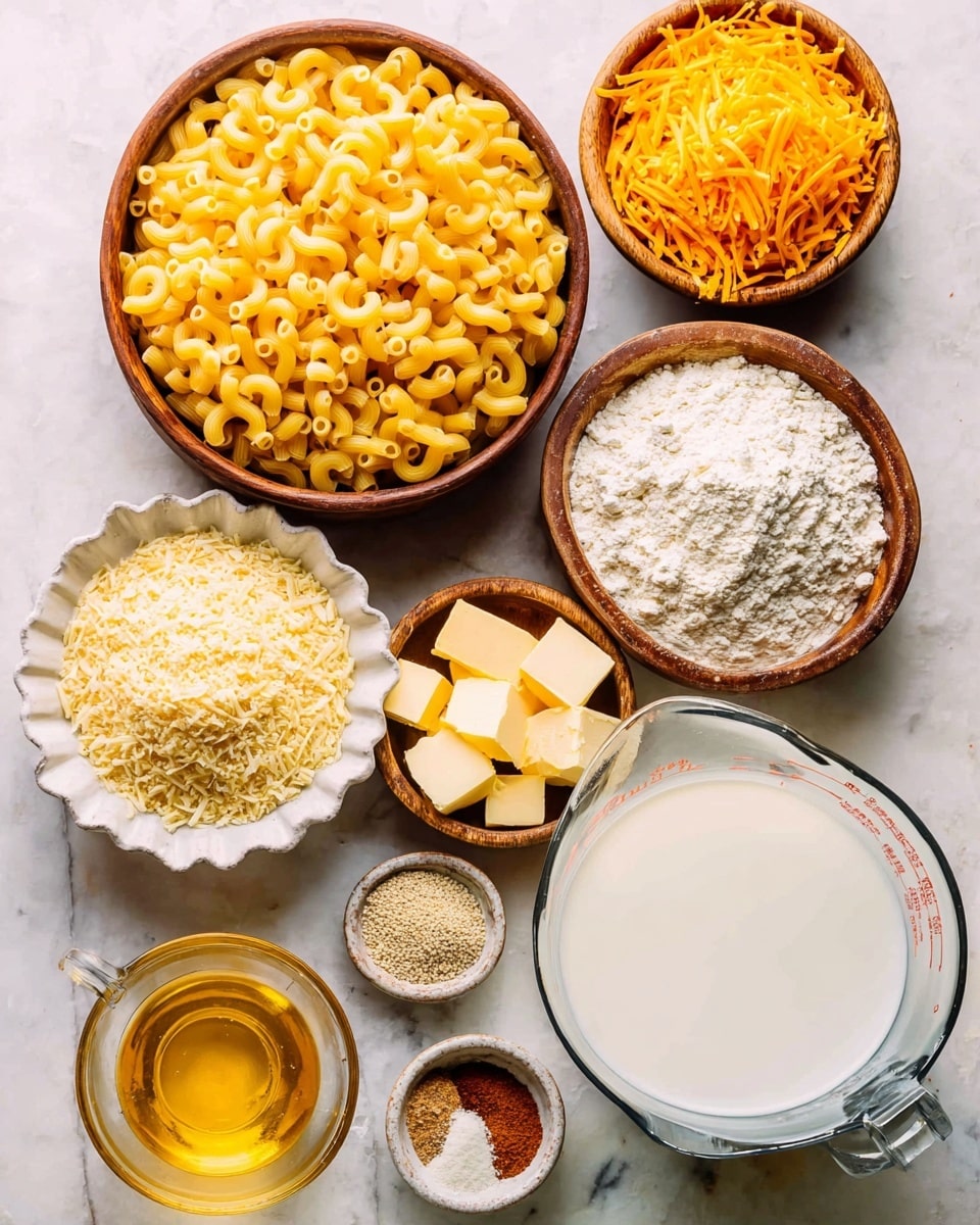 The image shows an overhead view of ingredients neatly arranged on a white marbled surface. There are seven bowls and cups in total: a large brown bowl filled with dry yellow elbow macaroni pasta, a wooden bowl with shredded pale yellow cheese, a brown bowl with shredded bright orange cheese, a white bowl containing pale breadcrumbs, a small wooden bowl with cubes of light yellow butter, a small speckled dish holding five different powdered spices in small piles, a white scalloped bowl with white flour, a glass cup with a golden-yellow oil, and a large clear glass measuring cup filled with white milk. The items are spread out evenly, creating a balanced and colorful layout. photo taken with an iphone --ar 4:5 --v 7