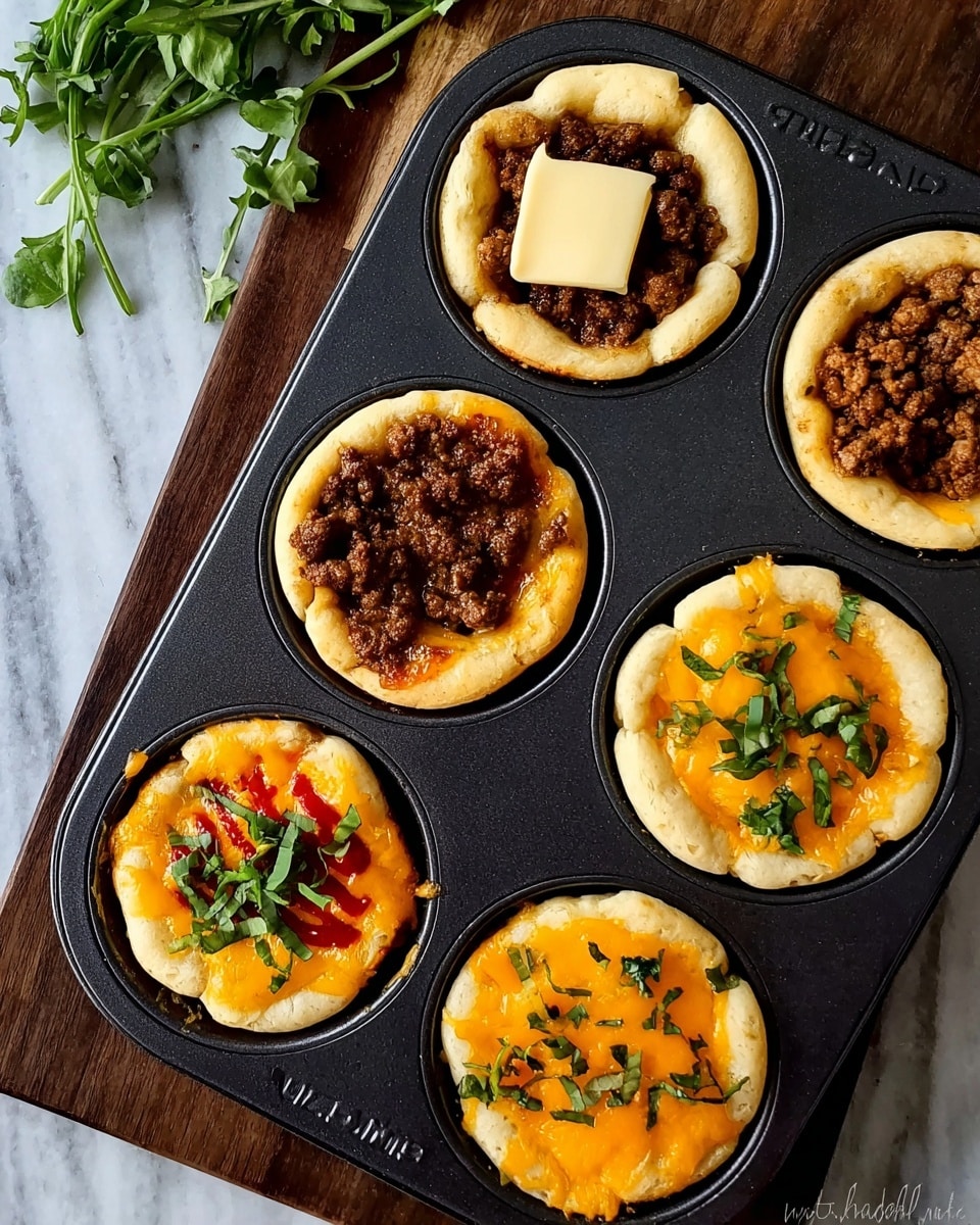 The image shows a black metal muffin tray with seven small round dough cups inside, each with different toppings. Most dough cups have a light golden color and puffed edges. Three cups are filled with cooked ground meat that is dark brown and crumbly. One dough cup has a slice of pale yellow cheese lying flat on top. Another dough cup is covered with melted bright orange cheese, topped with red sauce stripes and thin strips of fresh green herbs. A final dough cup also has melted orange cheese with finely chopped green herbs on top. The tray sits on a dark wooden surface with some fresh green herbs in the top corner on a white marbled background. Photo taken with an iphone --ar 4:5 --v 7