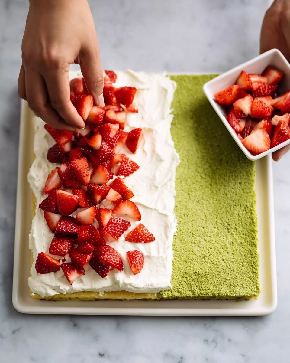A rectangular green sponge cake layer lies flat on a white marbled surface, spread evenly with a smooth, thick layer of white cream. On the left half of the cream, bright red pieces of strawberries are scattered, some triangular and others in small chunks. A woman's hand is seen placing a piece of strawberry on the cream, while another woman's hand holds a white square bowl filled with more strawberry pieces above the cake. The green sponge cake has a soft and spongy texture with slightly uneven edges. Photo taken with an iphone --ar 4:5 --v 7