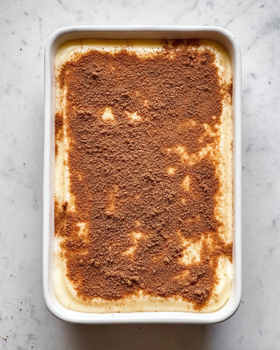 A white rectangular dish filled with a creamy dessert that has a thick, smooth, pale yellow base layer covered by a dense, even topping of finely crushed brown crumbs, creating a textured surface. The dish is set on a white marbled surface with light veins and a clean appearance. The crumbs' color has shades of light and dark brown, giving a slightly uneven, natural look to the top layer. Photo taken with an iphone --ar 4:5 --v 7