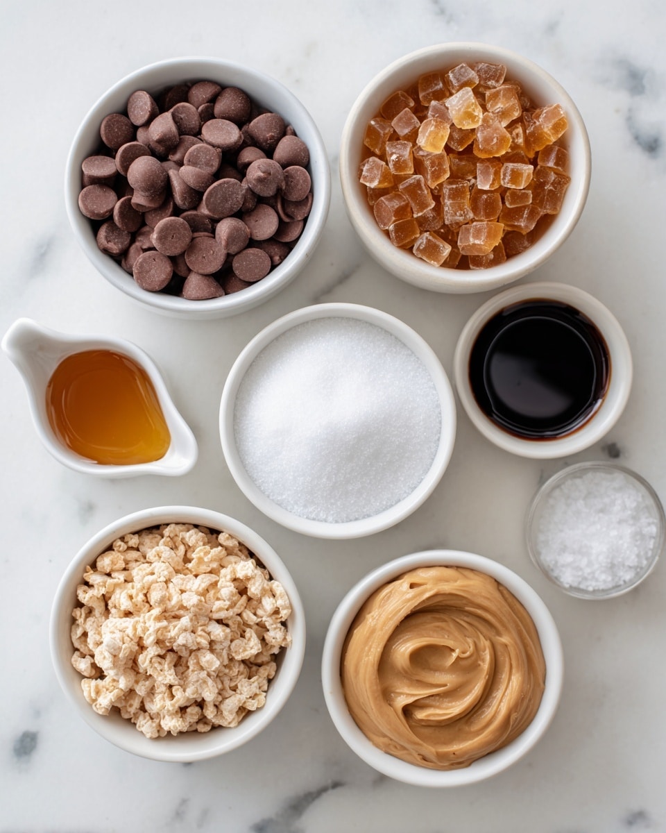 The image shows seven small white bowls arranged on a white marbled surface. From top left to right, there is a bowl full of smooth, round brown chocolate chips and next to it, a bowl of small shiny amber butterscotch chips. Below these, in the middle, a bowl of white granulated sugar is placed. To the left, a white bowl with a small handle contains clear amber honey. On the bottom left corner, a white bowl is filled with light tan crispy rice cereal pieces. On the right side, from top to bottom, a small white bowl contains coarse white sea salt, below that another small white bowl holds dark amber vanilla extract, and the lowest bowl has thick pale peanut butter visible inside. All bowls stand out clearly against the white marbled background. photo taken with an iphone --ar 4:5 --v 7