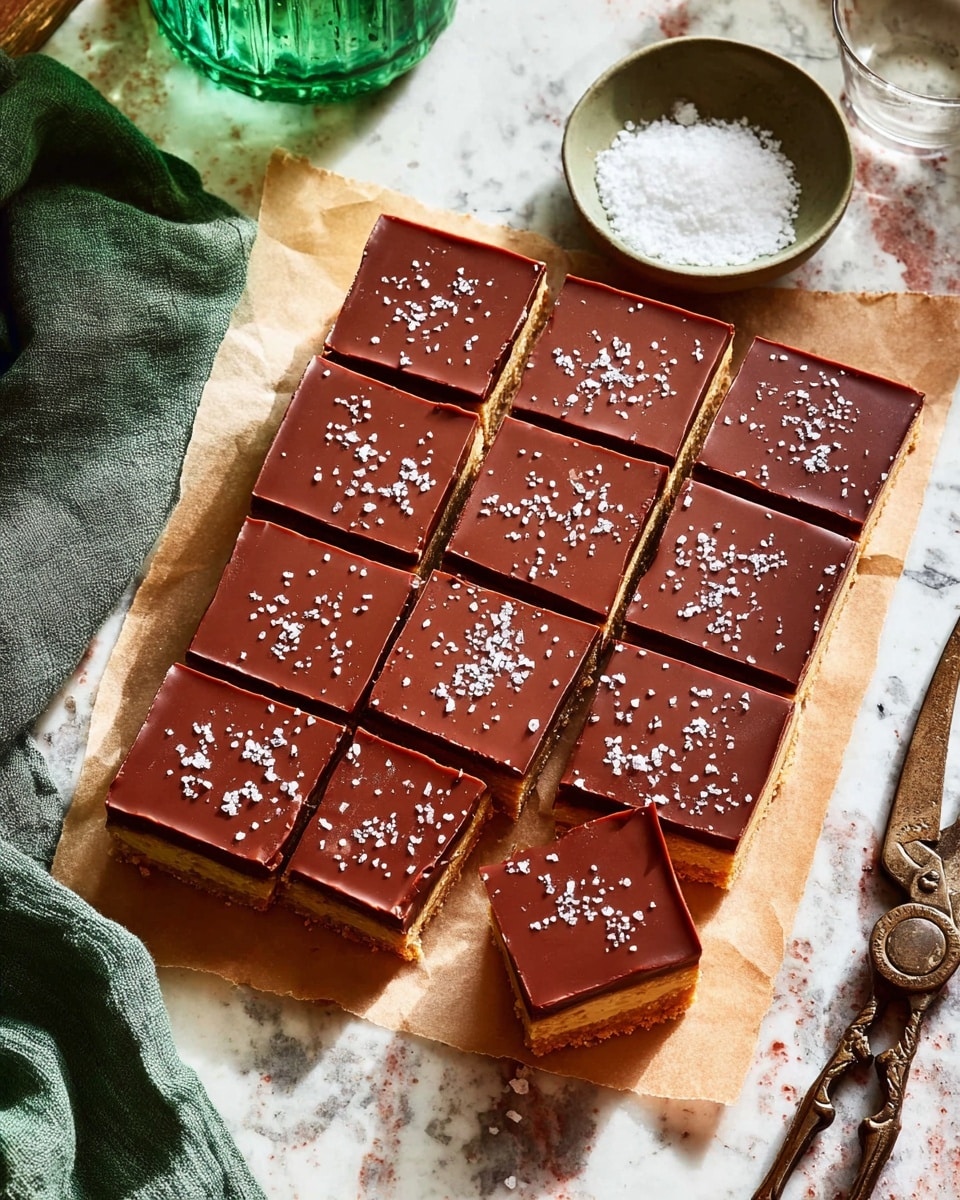 A rectangular block of dessert is cut into 12 even square pieces, with one piece slightly pulled out to show three distinct layers: a bottom layer of light caramel with a crispy rice texture, a thin middle layer of golden caramel, and a thick top layer coated in smooth, shiny chocolate brown sprinkled with small white sea salt flakes; the dessert rests on a piece of parchment paper placed on a white marbled surface, surrounded by a small bowl with coarse white salt, a green cloth on the left side, a green glass bottle at the top left corner, and a pair of ornate antique scissors on the bottom right, under warm natural light, photo taken with an iphone --ar 4:5 --v 7