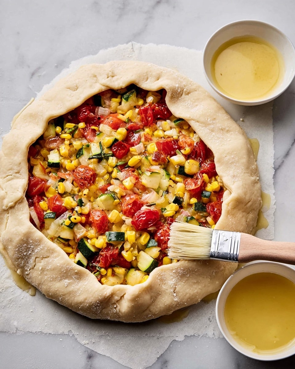 A round dough tart with a folded crust edges, revealing a colorful vegetable filling inside. The filling has bright yellow corn kernels, red cherry tomatoes, green zucchini chunks, along with some white onion pieces, all mixed together and sitting in the middle of the tart. A brush with light bristles is seen spreading a yellow glaze on the crust's edge. Nearby, a small white bowl holds more of the same yellow glaze. The tart is placed on a surface with a white marbled texture. photo taken with an iphone --ar 4:5 --v 7