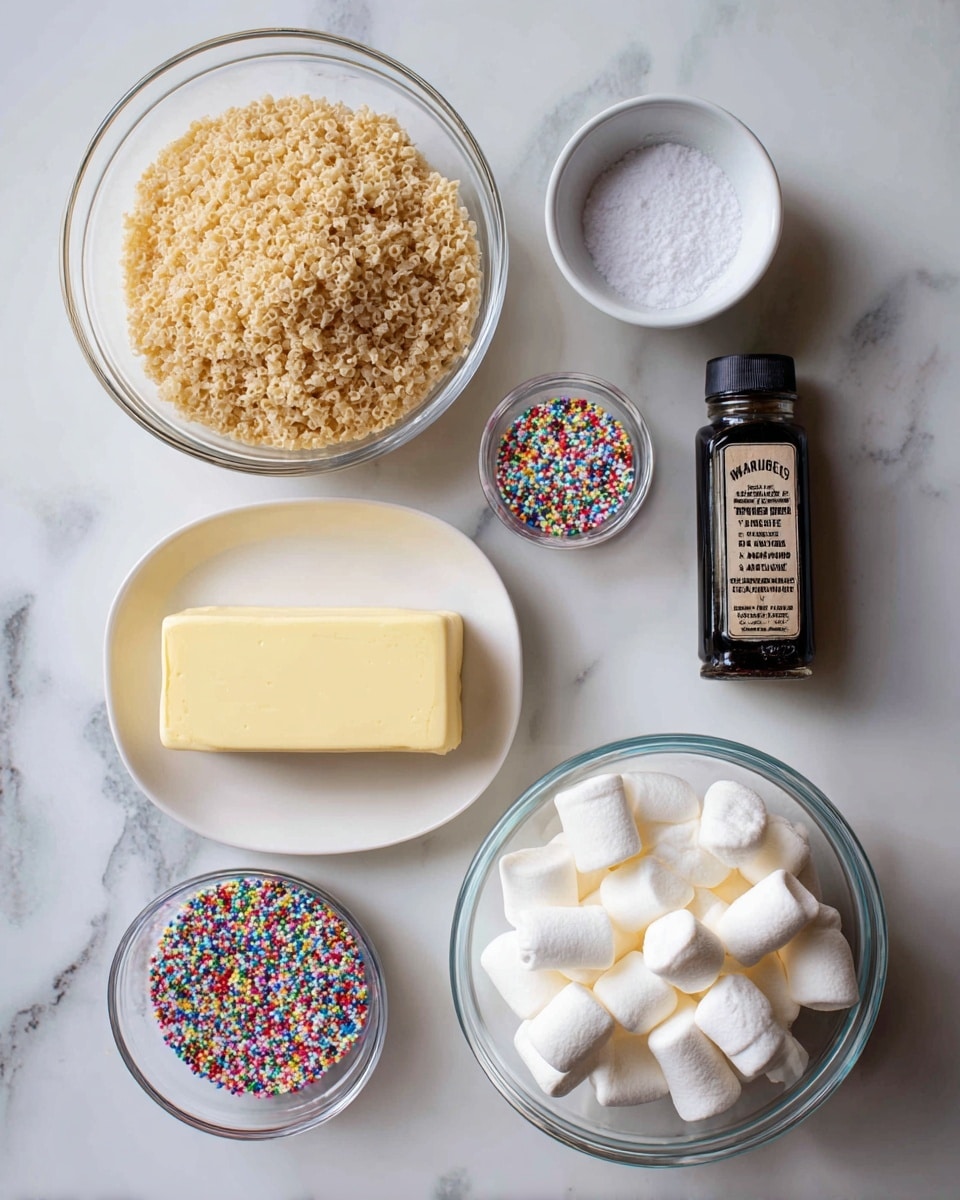 The image shows six ingredients placed neatly on a white marbled surface. At the bottom left, there is a clear glass bowl filled with light brown crispy rice cereal. To its right, a white plate holds a rectangular piece of pale yellow butter. Above the butter, there is a small white bowl filled with colorful sprinkles in various shapes. To the right of the cereal, a large clear plastic bag of white mini marshmallows with a colorful rainbow design is placed. Above the cereal, there is a small salt container and next to it, a black bottle of vanilla extract stands upright. Each item is labeled with clear black text on a white background. photo taken with an iphone --ar 4:5 --v 7
