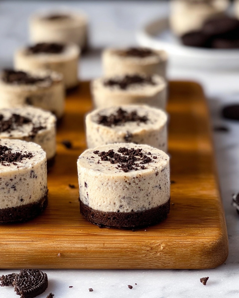 The image shows a group of small round cakes arranged in two rows on a wooden board. Each cake has two layers: a thick creamy upper layer with a light cream color speckled with dark cookie bits, and a thinner dark brown bottom layer that looks like a cookie crust. The cakes are smooth on the top and sides, with some dark cookie crumbs sprinkled on top. The wooden board has a natural grain texture and sits on a white marbled surface, with broken pieces of dark cookies scattered around. In the background, there are blurry cakes, adding depth to the image. Photo taken with an iphone --ar 4:5 --v 7