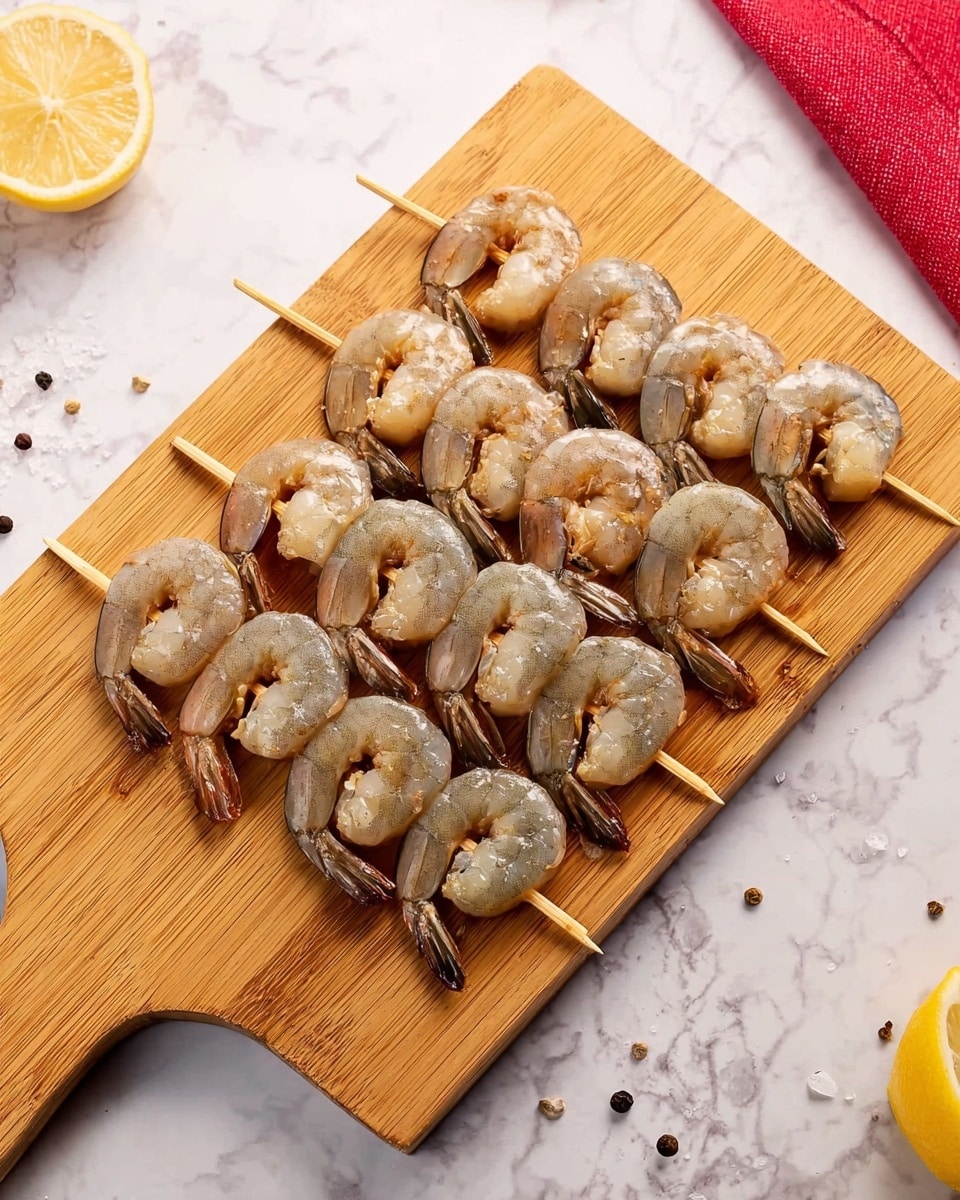 There are five wooden skewers laid out side by side on a small wooden board with a handle on the right. Each skewer has four large raw shrimp, which are light gray with some darker gray areas, and a slight shine from moisture or marinade. The shrimp are curled, with their tails sticking out on one end. The wooden board is placed on a white marbled surface. In the top left corner, part of a red cloth with a lemon wedge and some scattered black and white peppercorns can be seen. At the bottom right corner, a small piece of lemon is visible. The photo taken with an iphone --ar 4:5 --v 7