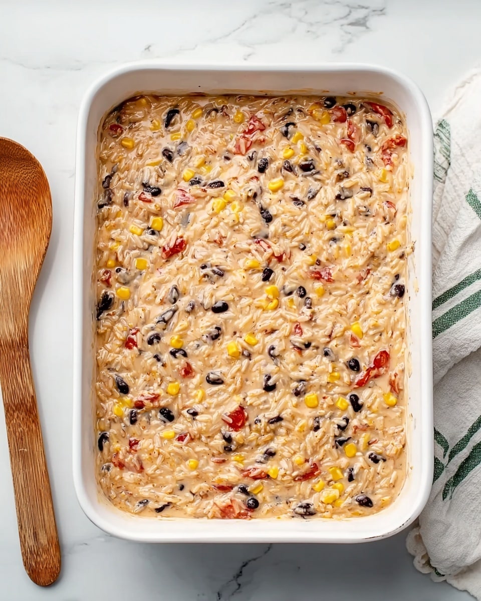 A white rectangular baking dish filled with a single thick layer of mixed casserole, showing a creamy texture with visible small pieces of yellow corn, black beans, red diced tomatoes, and rice all mixed together evenly across the top. The casserole surface looks slightly uneven with a mix of light beige sauce binding the ingredients. The dish is set on a white marbled surface, with a wooden spoon on the left side and a white cloth with green stripes on the right side. Photo taken with an iphone --ar 4:5 --v 7