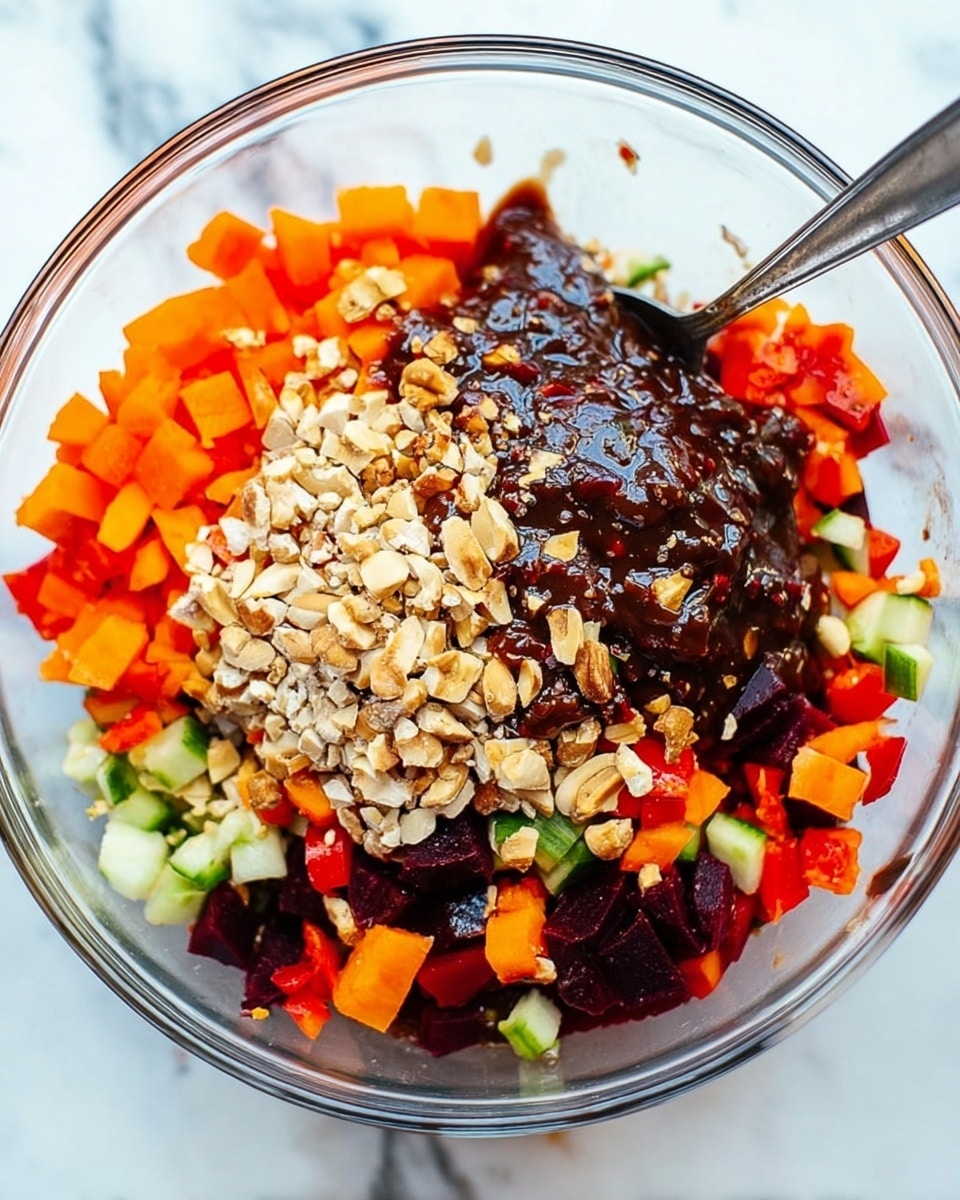 In a clear glass bowl on a white marbled surface, there is a colorful mix of chopped vegetables including bright orange carrot pieces, red bell pepper chunks, dark red beet cubes, and small green cucumber bits, all forming the base layer. On top of this, a pile of crushed nuts with creamy beige and light brown tones adds texture in the center. Over the nuts, a thick, glossy dark brown sauce is spread, slightly shiny and uneven, contrasting with the fresh vegetables underneath. A metal spoon is placed at the right side inside the bowl. Photo taken with an iphone --ar 4:5 --v 7