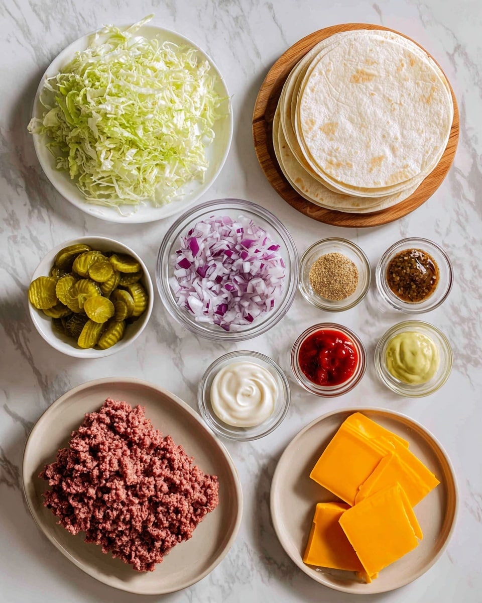 The image shows an overhead view of several white plates and clear bowls on a white marbled surface, each holding different ingredients for making a dish. On the top white plate, there are light yellow-green shredded lettuce on the right, crinkle-cut green pickles on the left, and a small clear bowl in the center filled with finely diced purple and white onions. Below that, a clear bowl contains a mix of sauces and spices including white mayo, red ketchup, yellow mustard, green relish, brown Worcestershire sauce, and various seasonings, all placed separately but close inside the bowl. To the right, a stack of white tortillas sits on a wooden plate. At the bottom, a beige plate holds a block of raw ground beef, and next to it, another beige plate has neatly stacked slices of bright orange cheese. Photo taken with an iphone --ar 4:5 --v 7