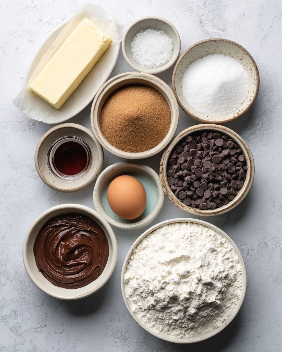 The image shows 10 small white bowls arranged on a white marbled surface. The largest bowl, positioned on the right, has a pile of white flour with a soft, powdery texture. Below it, a medium bowl is filled with dark chocolate chips, each small and round, creating a bumpy texture. To the left of the flour bowl, there is a smooth swirl of dark brown chocolate spread in a medium bowl. Above the chocolate spread, there is a light brown bowl filled with packed brown sugar, solid and with a slightly grainy surface. Above the sugar, a small bowl holds white coarse salt. Next to the salt, a stick of pale yellow butter wrapped in paper is placed horizontally. Below the butter, one brown egg sits upright in a small rustic white bowl. On the left side, near the bottom, a tiny bowl contains white baking soda, and above it to the bottom right, two small bowls hold fine white salt and white sugar, each showing smooth powdery surfaces. A small glass cup of dark reddish liquid, likely vanilla extract, is placed near the top left. All bowls are white and arranged neatly on the white marbled texture. photo taken with an iphone --ar 4:5 --v 7