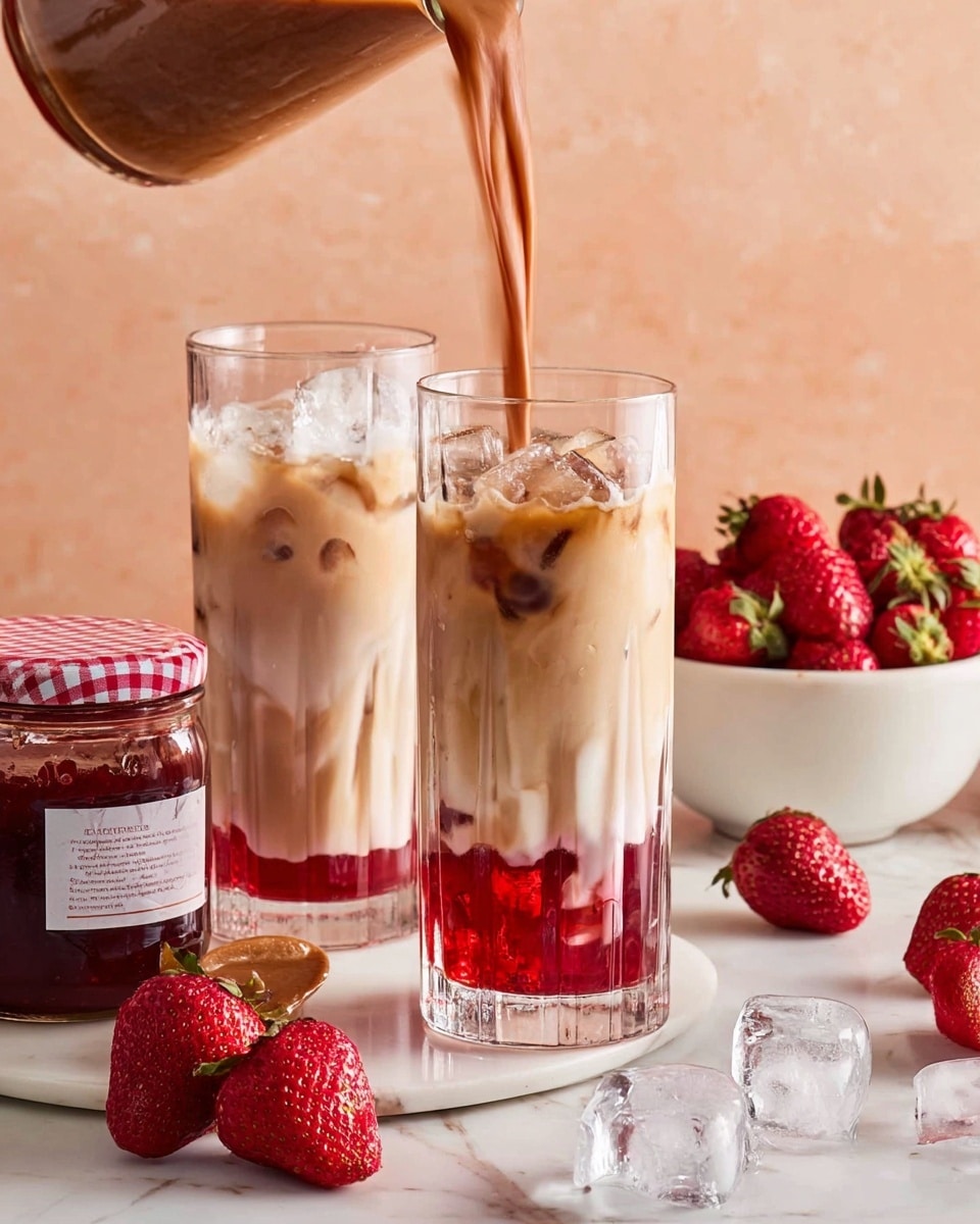 Two tall clear glasses with three visible layers: a red jelly layer at the bottom, a creamy beige middle layer mixed with ice cubes, and a darker brown layer being poured on top, creating a swirling effect. Around the glasses, there are whole and halved fresh strawberries, a jar of strawberry jam with a red and white checkered lid, a small jar of caramel or syrup, and scattered ice cubes on a white marbled surface. In the background, a white bowl filled with strawberries sits against a soft peach-colored wall. Photo taken with an iphone --ar 4:5 --v 7