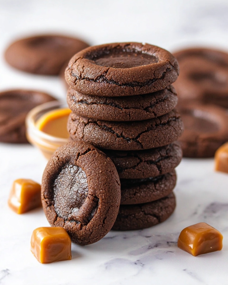 The image shows a tall stack of six round chocolate cookies with a soft, slightly sunken center and a rough cracked edge, all dark brown in color. The front cookie is leaning against the stack, showing its full round shape. Around the cookies, there are a few smooth caramel pieces in a small transparent bowl and some scattered on the white marbled surface. The background is softly blurred, displaying more cookies, creating a cozy and inviting feel. Photo taken with an iphone --ar 4:5 --v 7