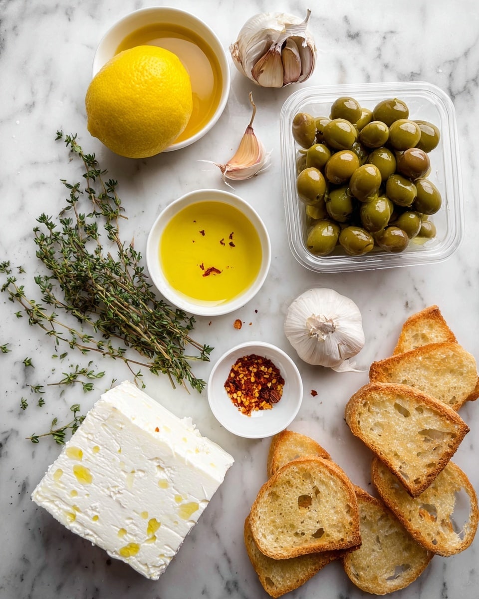 The image shows various ingredients spread on a white marbled surface, including a small bunch of green olives in a clear plastic container positioned on the right side, a large chunk of white feta cheese in a transparent container at the bottom, and several light golden toasted bread slices scattered around in three small groups. In the upper center area, there is a bright yellow lemon, with two small white bowls nearby, one filled with golden olive oil and the other with light brown honey. To the left of the lemon are green sprigs of fresh thyme and a bulb of garlic with two loose cloves. A small white bowl with red chili flakes is placed near the garlic and honey. All items are well spaced and clearly visible, arranged casually but neatly. Photo taken with an iphone --ar 4:5 --v 7