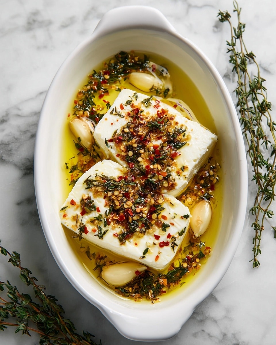 In a white oval dish, there are two thick white cheese blocks stacked partly overlapping each other, coated with a shiny layer of golden olive oil. Around and under the cheese, there are several pale garlic cloves and sprigs of fresh green thyme. A generous sprinkle of red chili flakes is scattered on top of the cheese and mixed into the oil. The dish sits on a white marbled surface with some thyme sprigs placed nearby. photo taken with an iphone --ar 4:5 --v 7