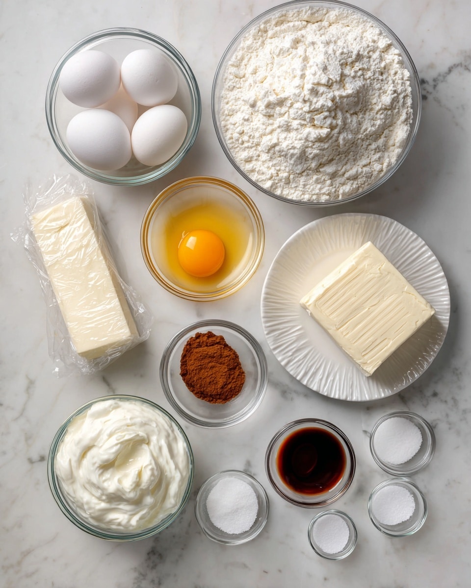 A white marbled surface holds several clear glass bowls and small containers arranged neatly. In the top left corner, a small clear glass bowl contains three whole white eggs with the label