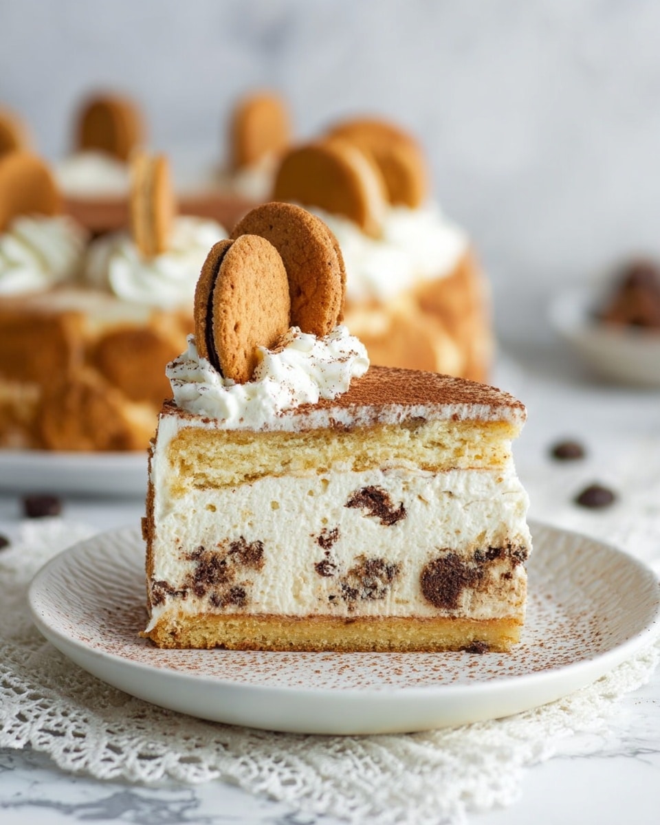 A two-layer cheesecake sits on a white plate with a scalloped edge, placed on a white marbled surface. The bottom layer is a crumbly, light brown crust. Above this, a thick, smooth cream-colored cheese layer with tiny dark specks runs evenly around the cake. The top layer is a darker brown, baked surface with a matte finish. On top of the cake, there are twelve swirls of whipped cream piping around the edge, each swirl topped with a light dusting of cinnamon powder. Each swirl is paired with a golden-brown cookie placed upright inside the swirl, forming a ring around the edge of the cake. Photo taken with an iphone --ar 4:5 --v 7