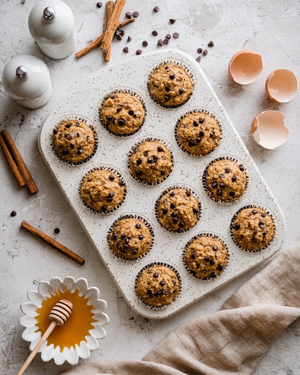 A white speckled muffin tray holds twelve paper-lined muffins filled with light brown batter sprinkled with small dark chocolate chips. The muffins are rough-textured and slightly mounded over the edges of the liners. Around the tray, a white marbled surface shows two cinnamon sticks lying to the top left, a white salt shaker with silver top and scattered chocolate chips above the tray, and two broken brown and white egg shells to the top right. At the bottom left, a small white flower-shaped bowl contains honey with a wooden honey dipper resting inside, and a beige cloth napkin lies crumpled to the bottom right. Photo taken with an iphone --ar 4:5 --v 7