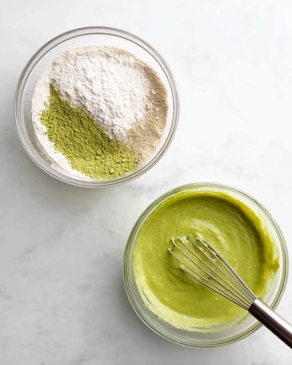 The image shows two clear glass bowls on a white marbled surface. The bowl on the left contains five distinct layers of dry ingredients: a large white layer of flour or sugar, a beige layer of fine powder, a smaller white layer likely salt, and a green powder layer, with a metal whisk placed inside resting at the bottom. The bowl on the right is filled with a smooth, bright green batter, with the same metal whisk inside resting similarly. Both bowls are clean and transparent, clearly showing the texture and color of the mixtures inside. photo taken with an iphone --ar 4:5 --v 7