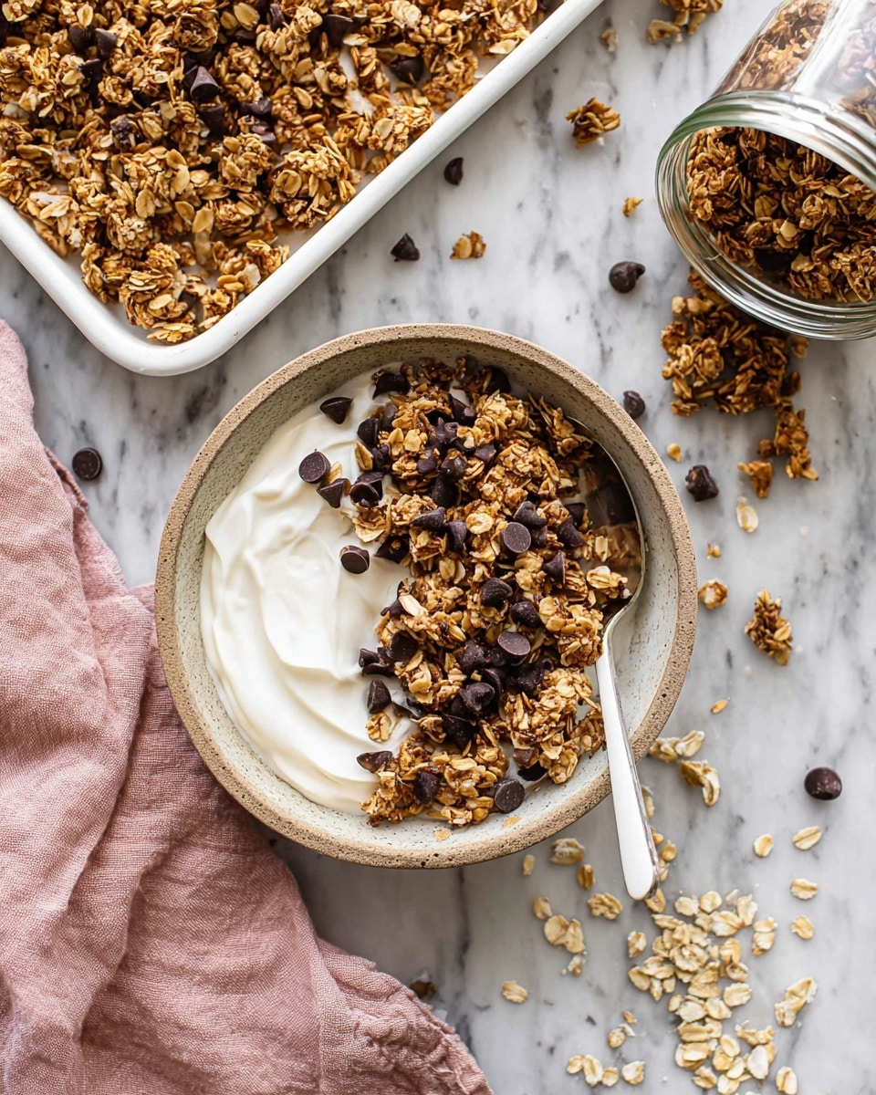 A bowl filled with two main layers sits on a white marbled surface: the bottom layer is a smooth, creamy white yogurt, and the top layer is a golden brown granola mixed with dark brown chocolate chips scattered unevenly. A silver spoon with a white handle rests on the right side of the bowl, partially buried in the granola. Around the bowl, loose granola pieces and oats are scattered on the surface and a soft pink cloth, adding a casual touch. In the top left corner, there is a white baking tray filled with more golden granola, and at the bottom left, a glass jar tipped over with granola spilling out. photo taken with an iphone --ar 4:5 --v 7