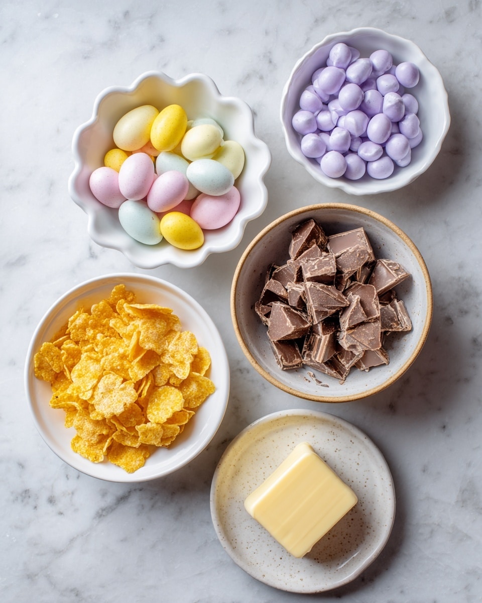 A white marbled surface holds five white bowls and plates filled with ingredients seen from above. At the top left, a white scalloped bowl is filled with small pastel-colored mini eggs in yellow, pink, and light purple. To the right, a white bowl contains chopped milk chocolate pieces with a rough texture. Below the mini eggs, a white bowl with a slight brown rim holds golden yellow cornflakes that look crisp and layered. To the right of this, a small white textured bowl contains light amber honey with a smooth surface. At the bottom center, a small white plate holds a square piece of pale yellow butter with a smooth texture. photo taken with an iphone --ar 4:5 --v 7