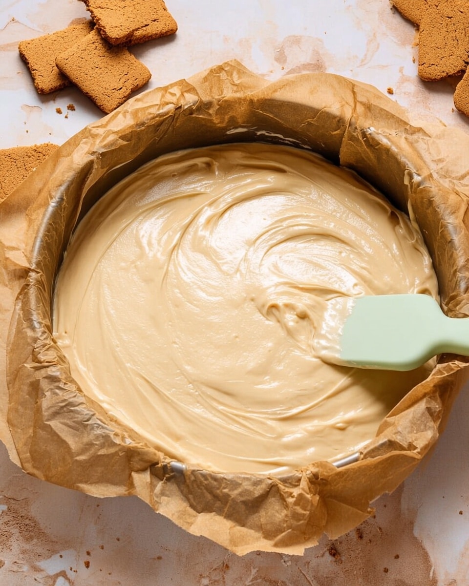 A round baking pan lined with crinkled brown parchment paper holds a smooth, creamy light brown batter evenly spread inside. A turquoise spatula with some batter on it rests gently on the right edge of the batter, helping to smooth the surface. The background shows a white marbled texture with broken pieces of light brown cookies scattered around. photo taken with an iphone --ar 4:5 --v 7